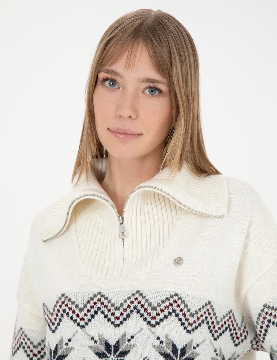 Ekru Comfort Fit Fermuarlı Kazak