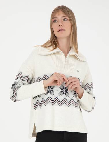 Ekru Comfort Fit Fermuarlı Kazak