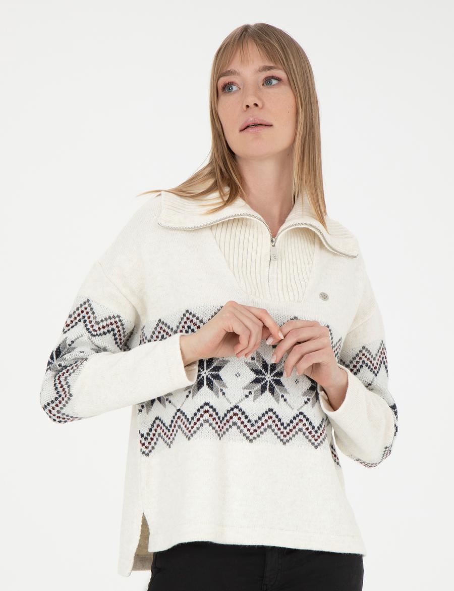 Ekru Comfort Fit Fermuarlı Kazak