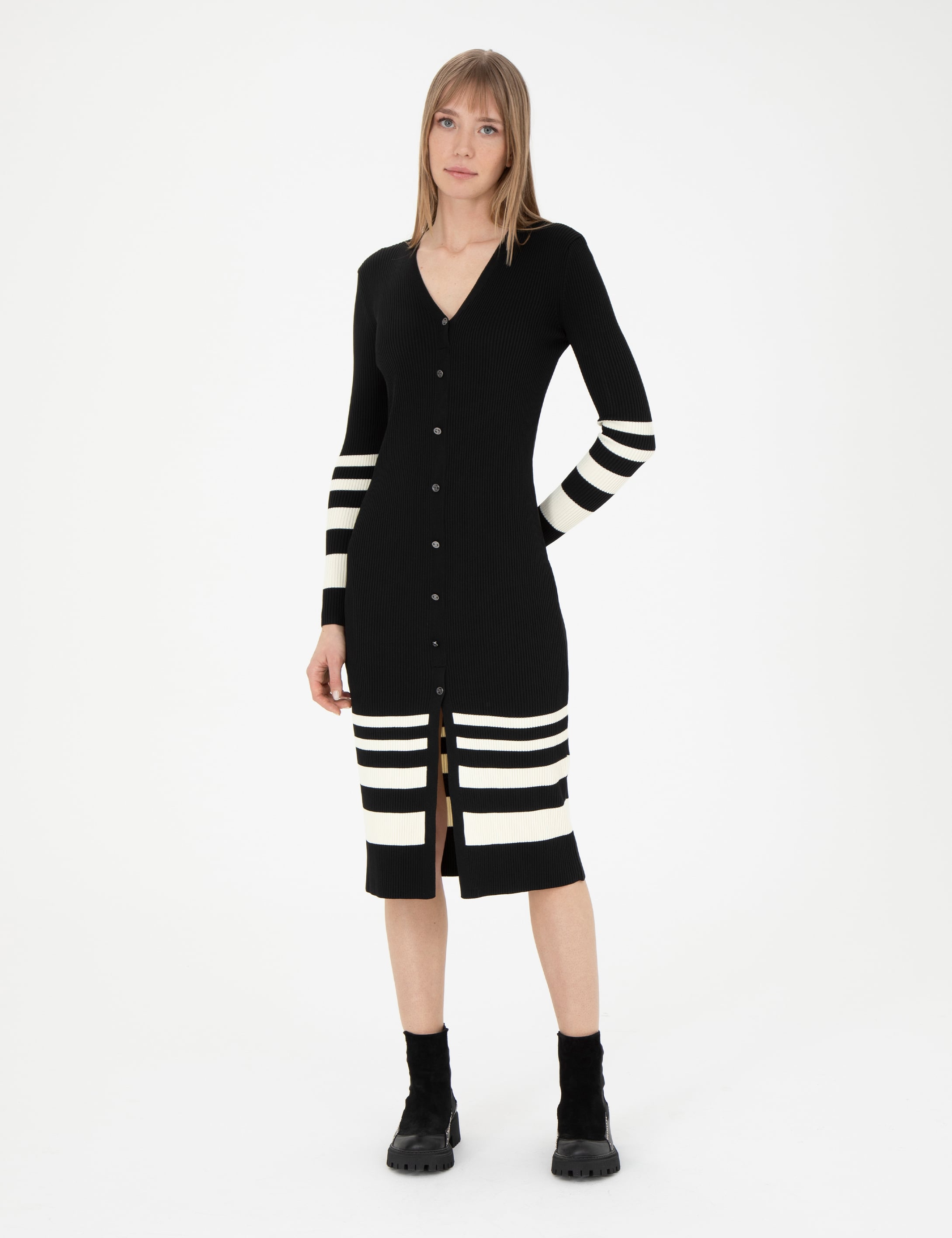Siyah Slim Fit Triko Elbise - Image 3