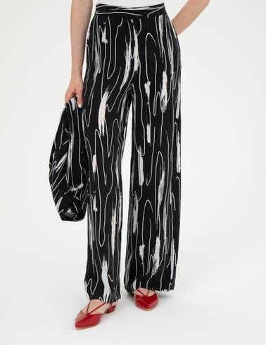 Siyah Cupro Desenli Wide Leg Pantolon