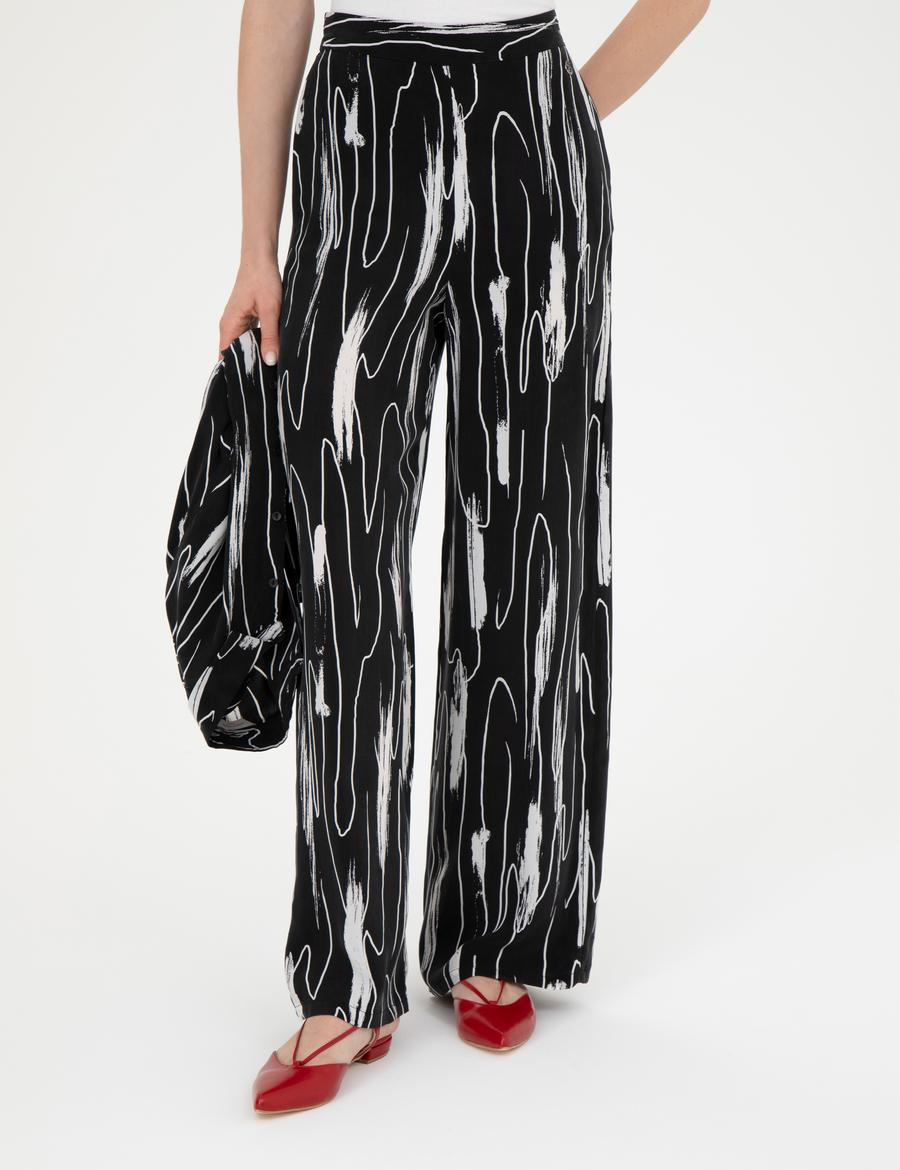 Siyah Cupro Desenli Wide Leg Pantolon