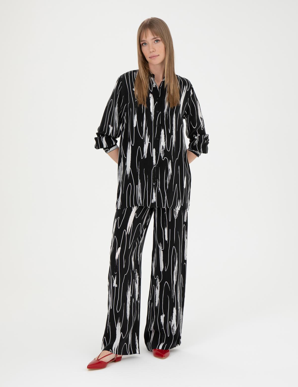 Siyah Cupro Desenli Wide Leg Pantolon