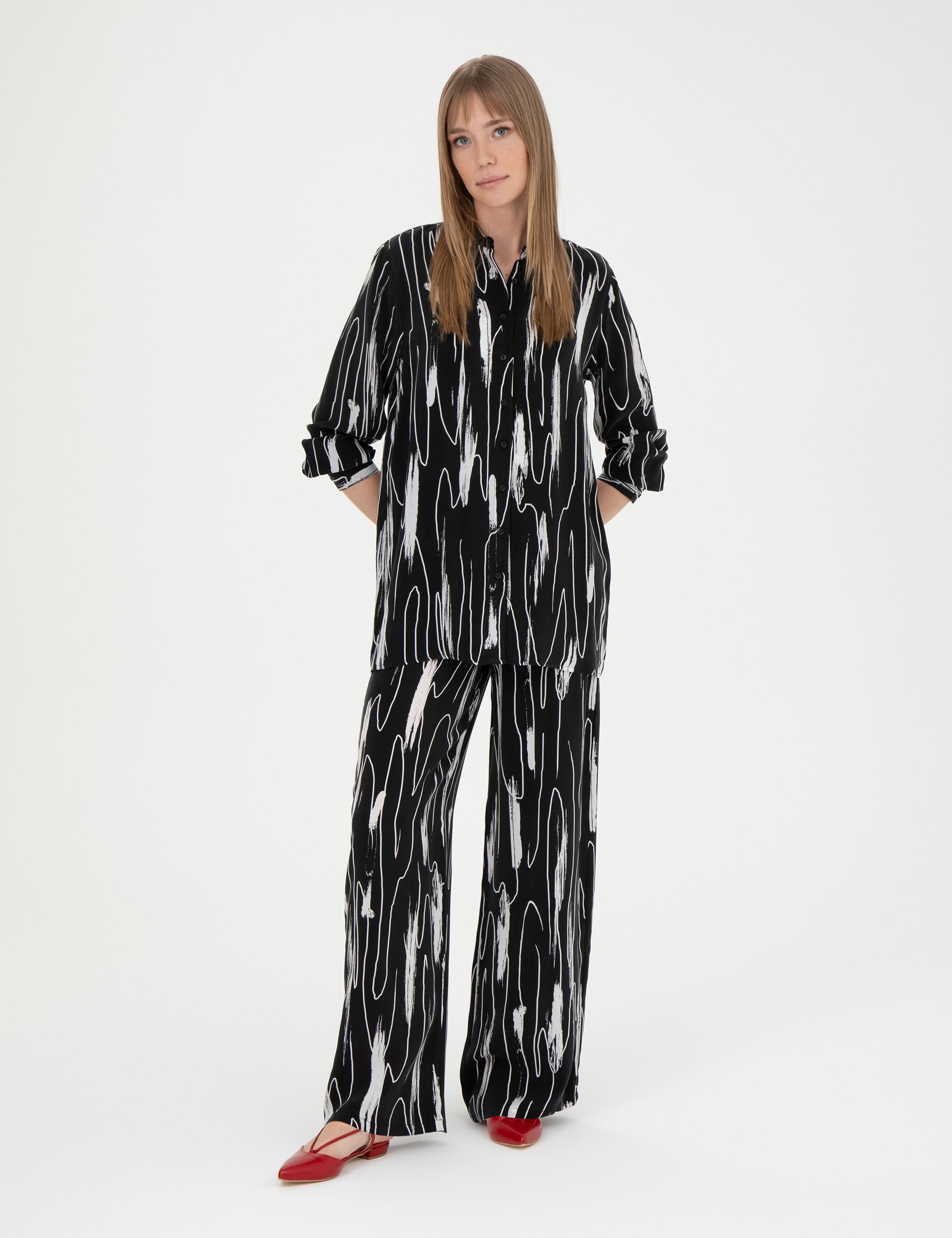 Siyah Cupro Desenli Wide Leg Pantolon