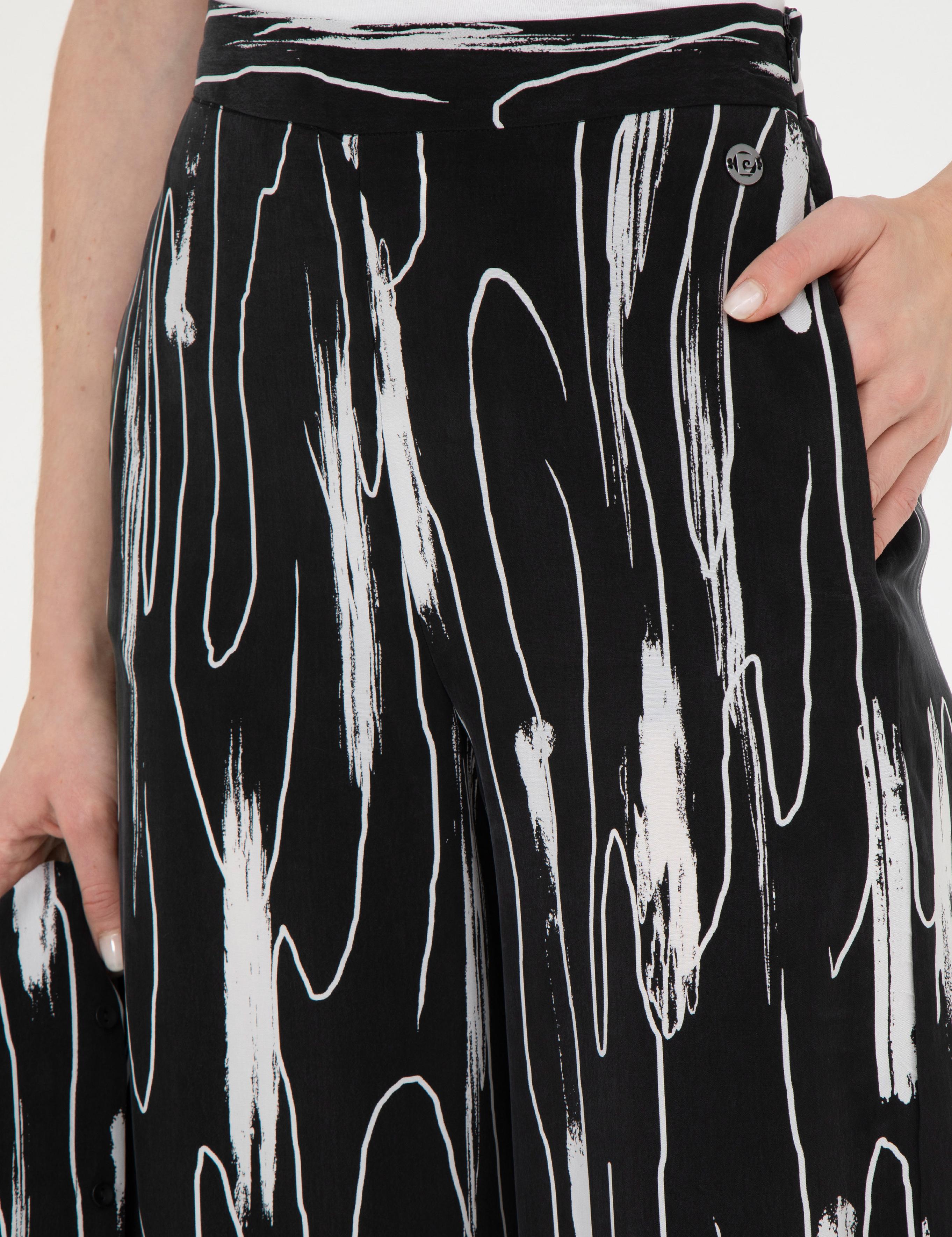 Siyah Cupro Desenli Wide Leg Pantolon