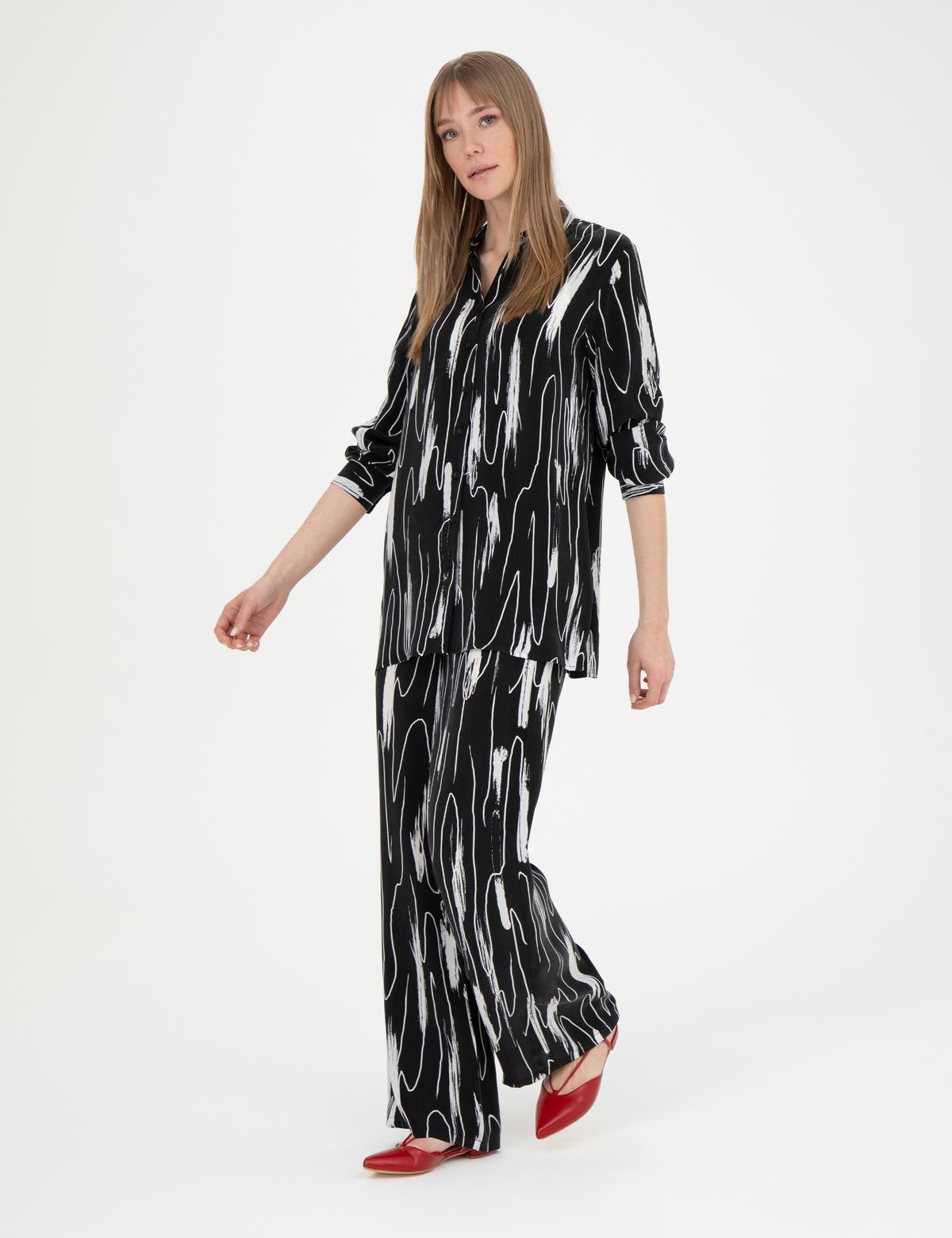 Siyah Cupro Desenli Wide Leg Pantolon - 50284525006