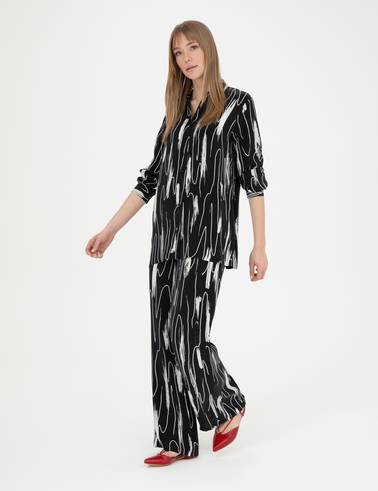 Siyah Cupro Desenli Wide Leg Pantolon
