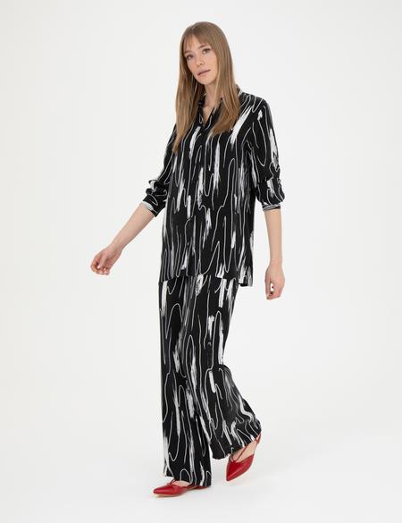 Siyah Cupro Desenli Wide Leg Pantolon - 50284525006