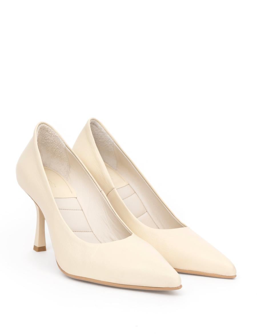 Krem Deri Topuklu Ayakkabı