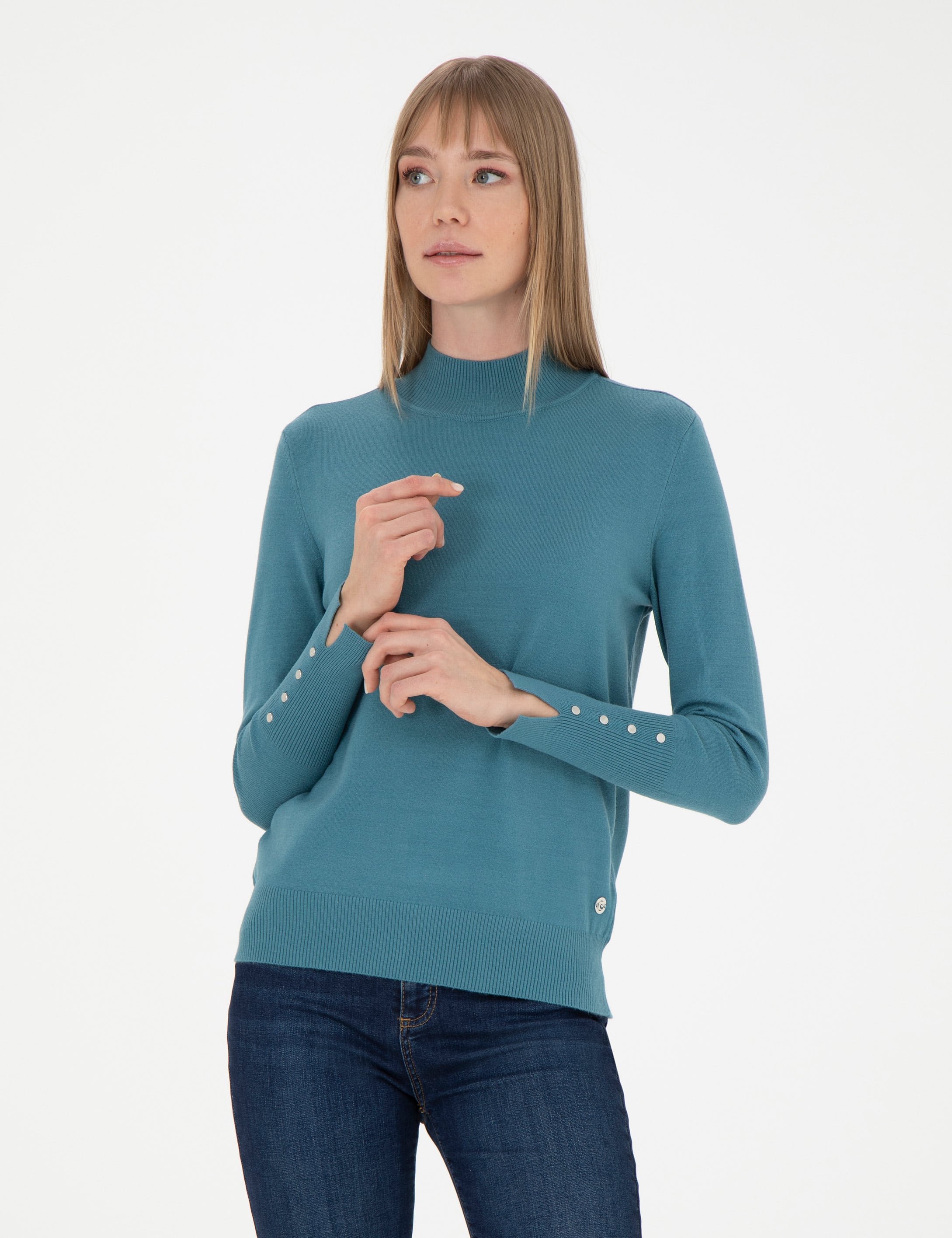 Petrol Slim Fit Yarım Balıkçı Basic Kazak