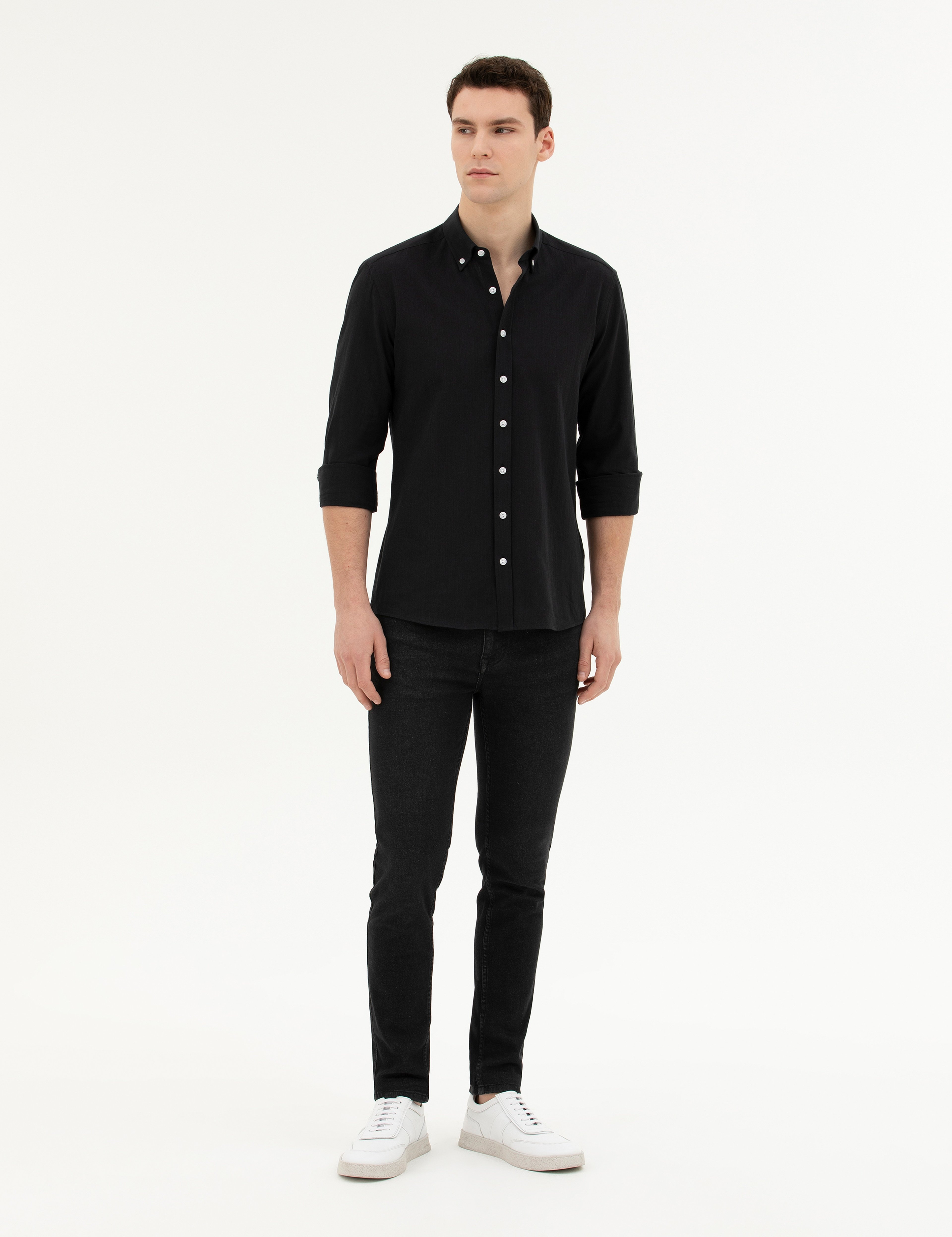 Siyah Slim Fit Uzun Kollu Gömlek - Image 4