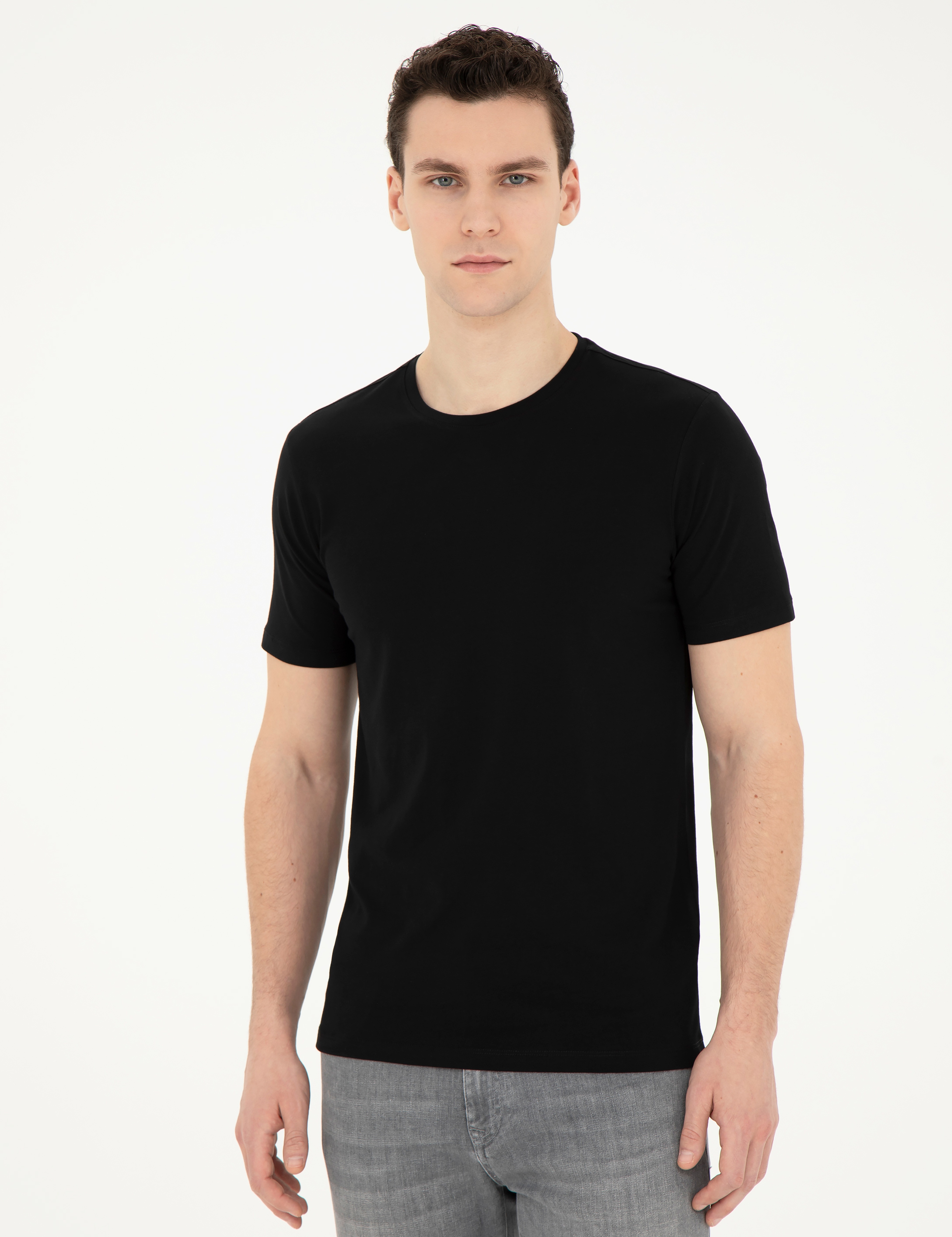 Siyah Slim Fit Bisiklet Yaka Basic Tişört - Image 3