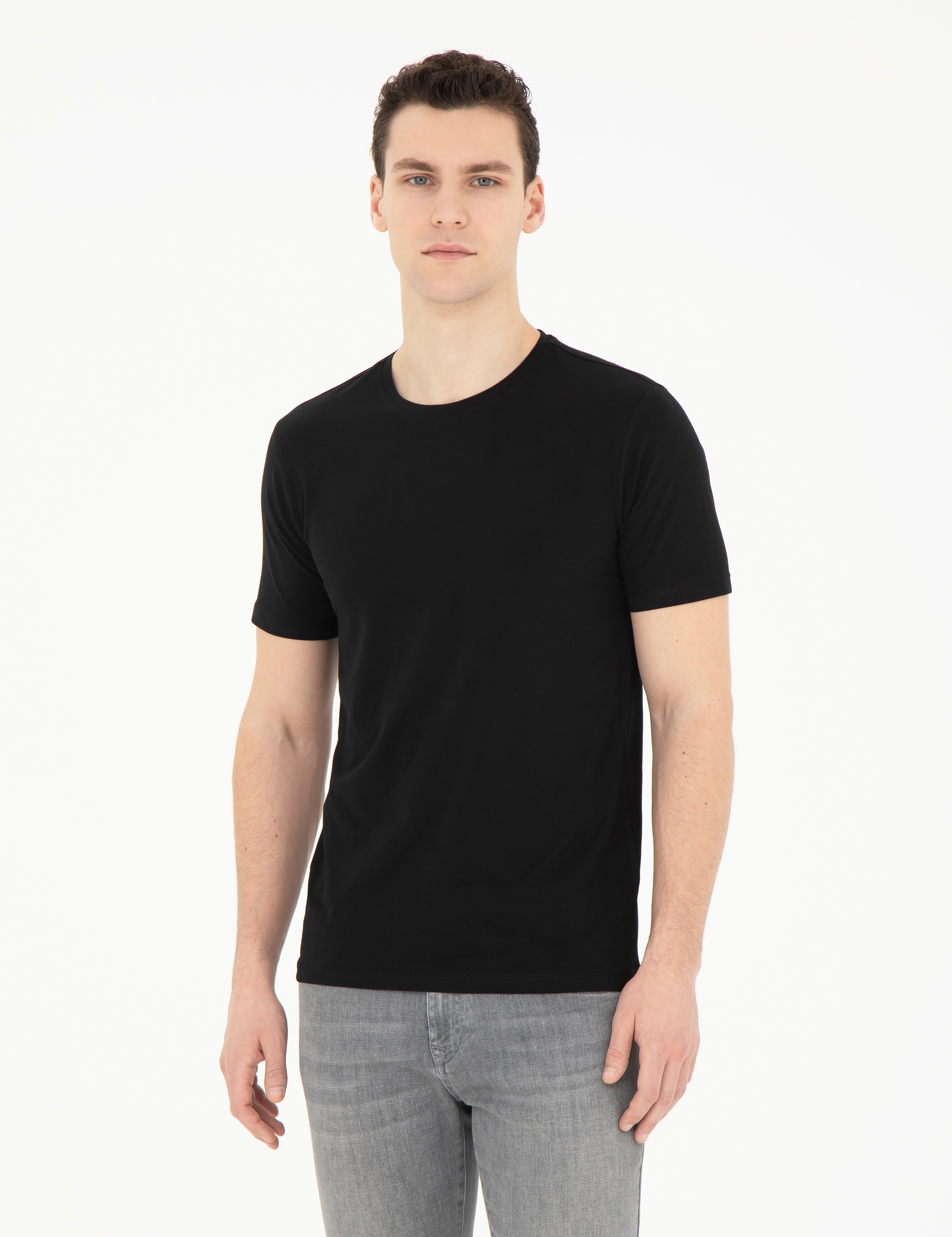 Siyah Slim Fit Bisiklet Yaka Basic Tişört - Image 1