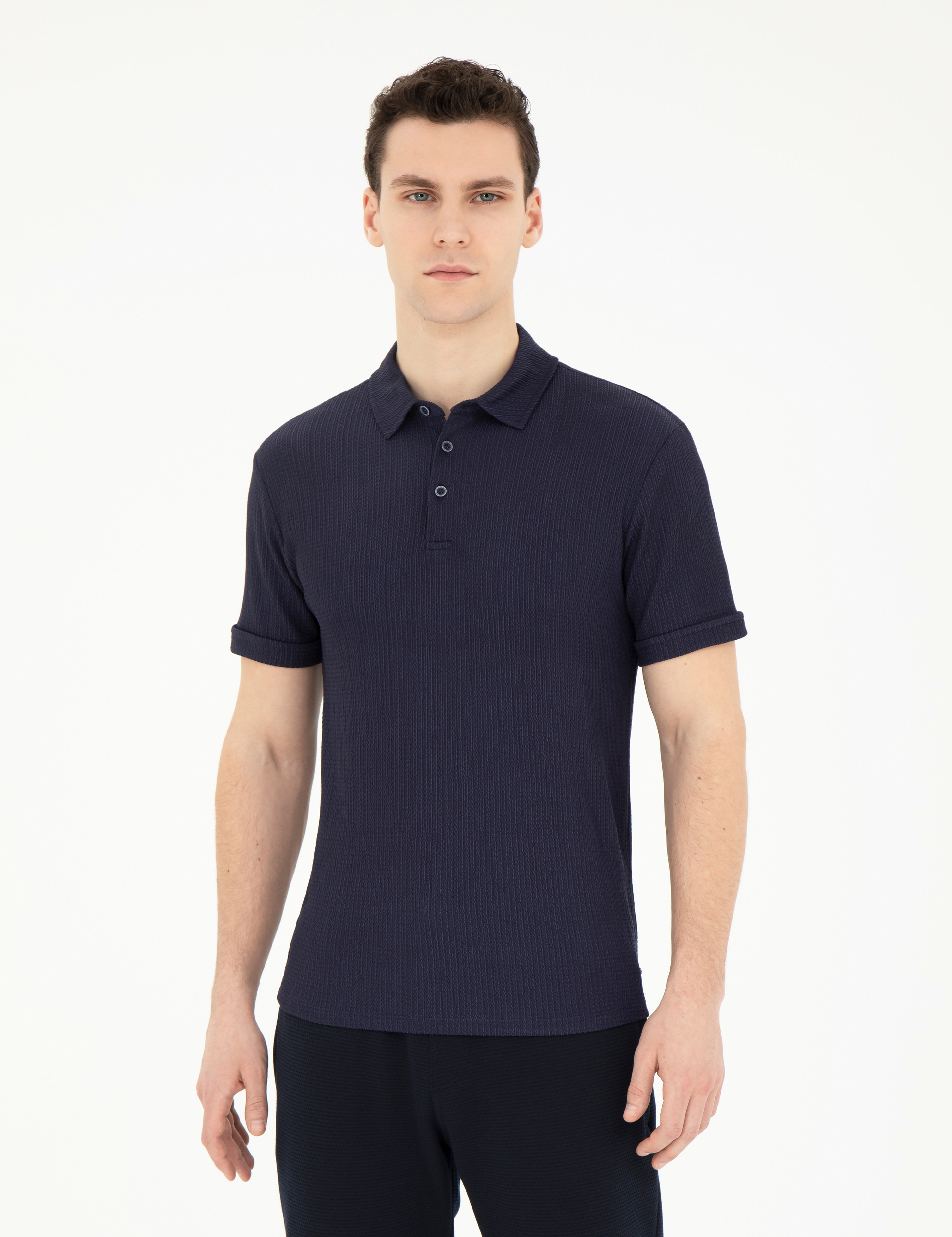 Lacivert Slim Fit Düğmeli Polo Yaka Tişört - Image 1