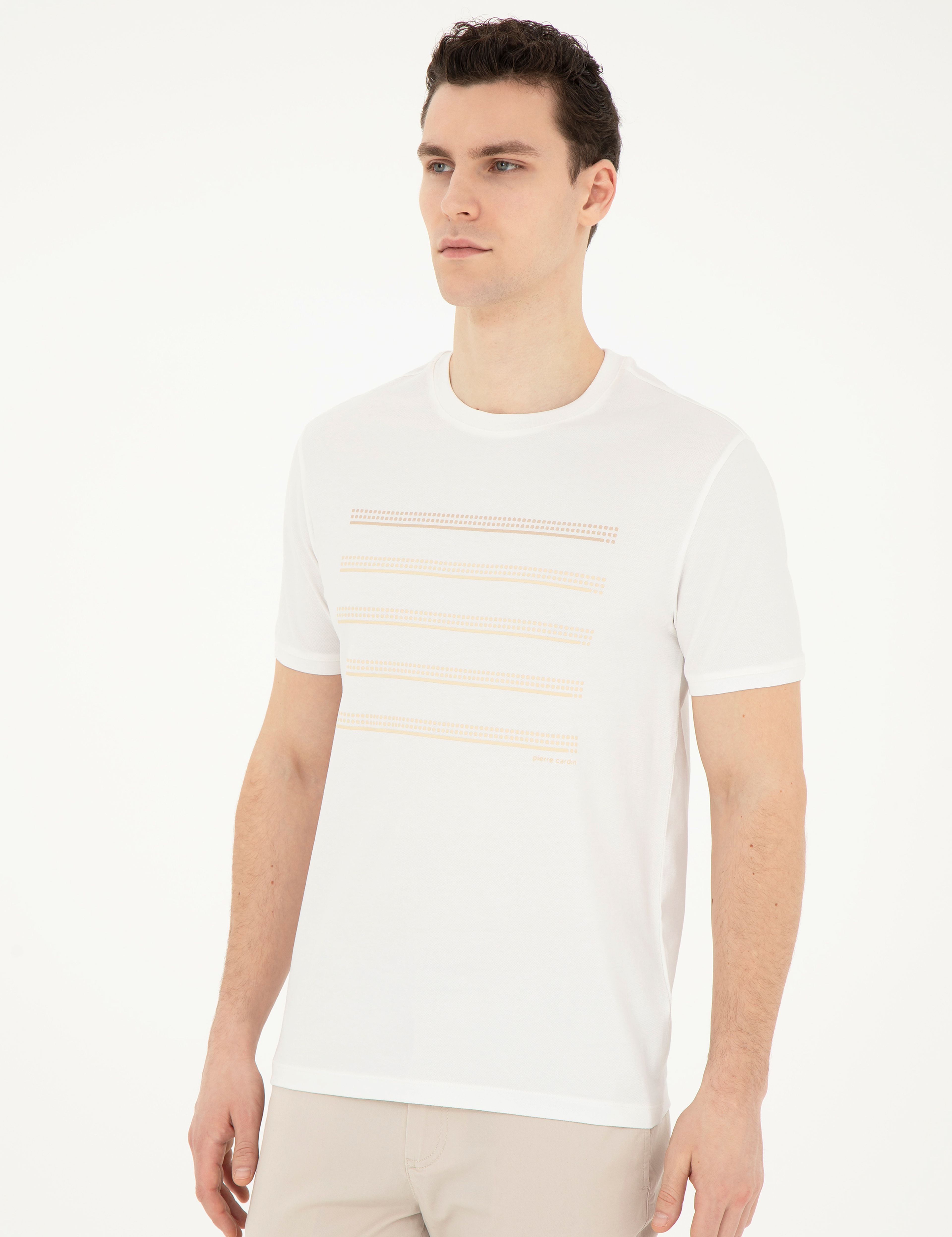 Ekru Slim Fit Bisiklet Yaka Tişört - Image 3