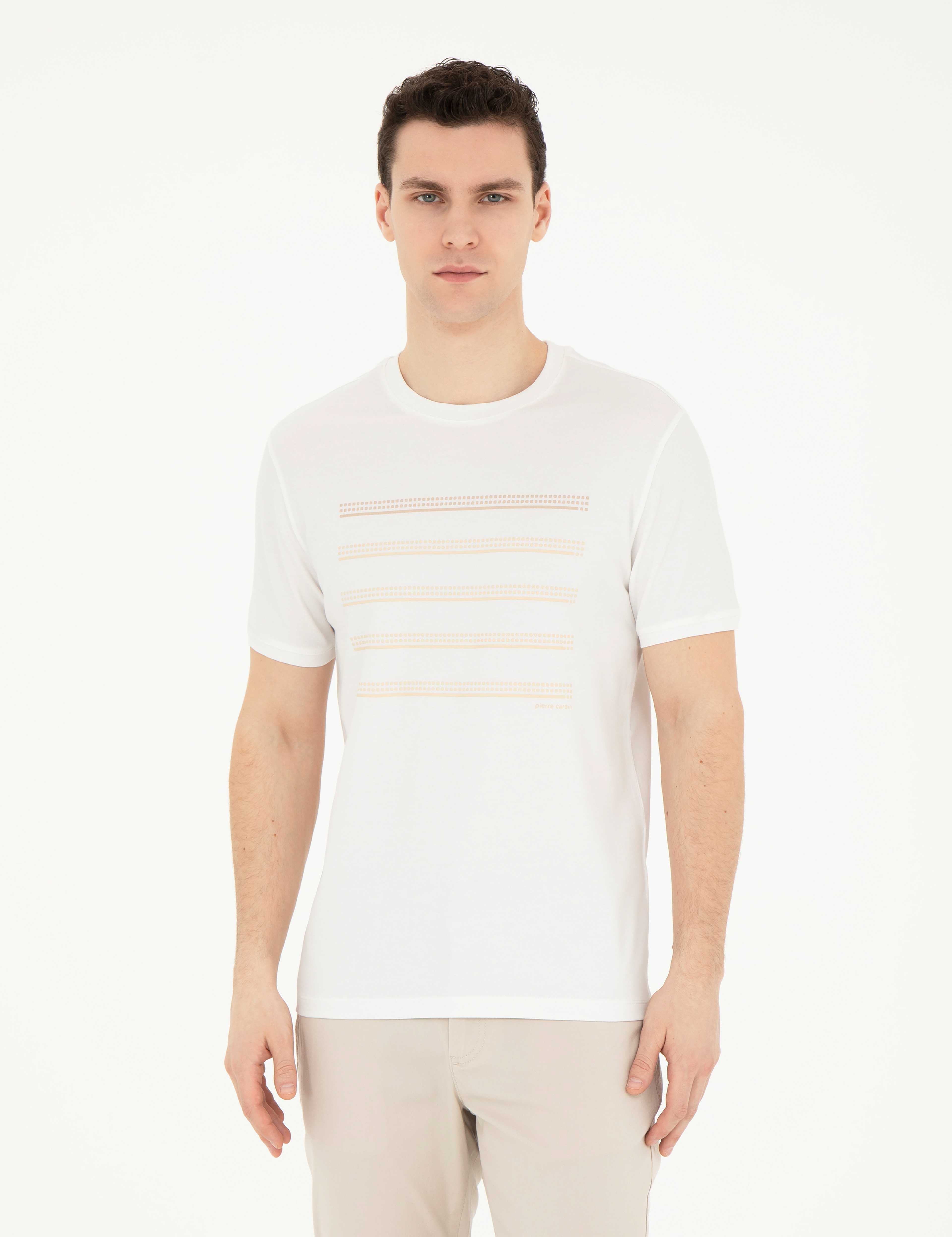 Ekru Slim Fit Bisiklet Yaka Tişört - Image 1