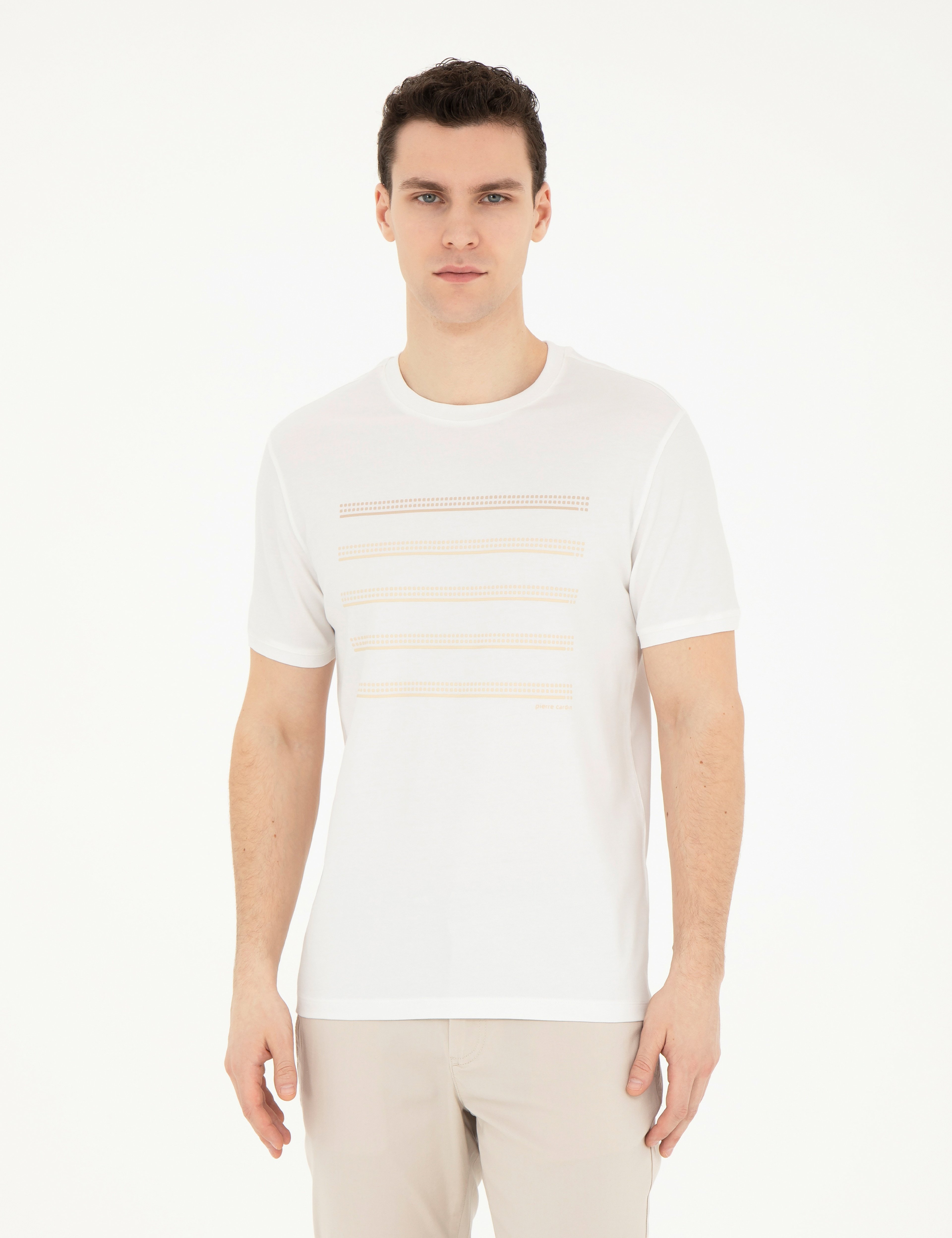 Ekru Slim Fit Bisiklet Yaka Tişört