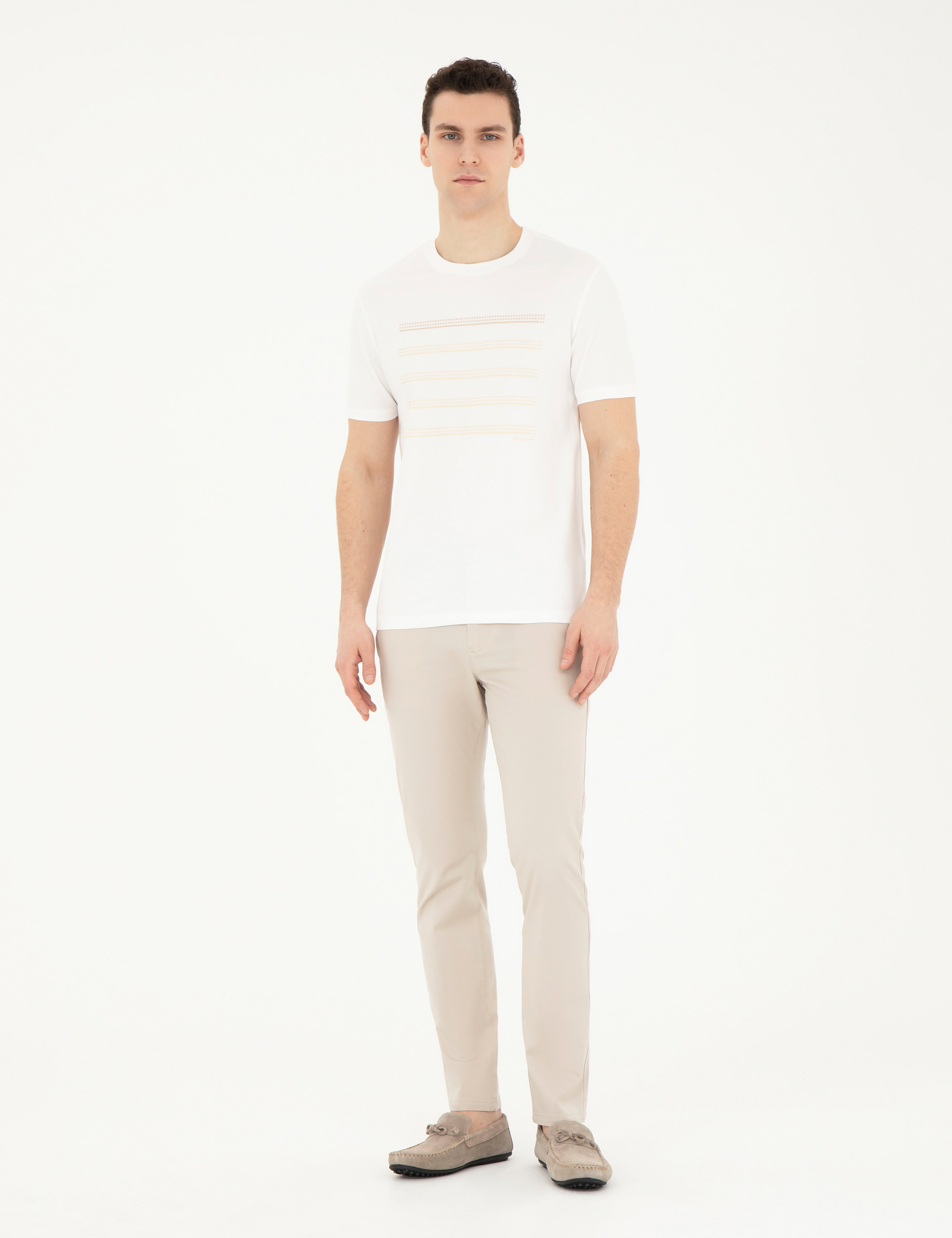 Ekru Slim Fit Bisiklet Yaka Tişört - Image 4