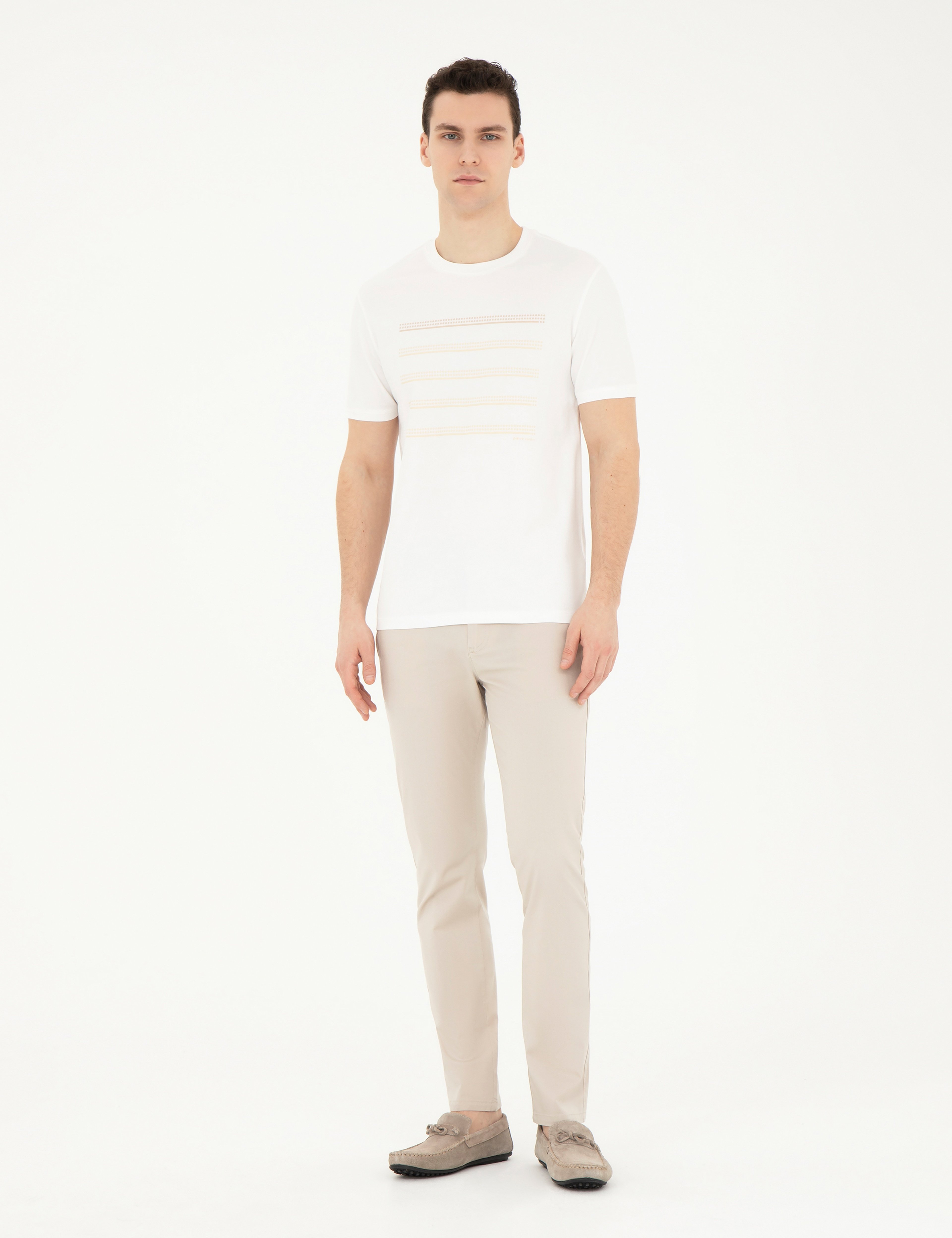 Ekru Slim Fit Bisiklet Yaka Tişört
