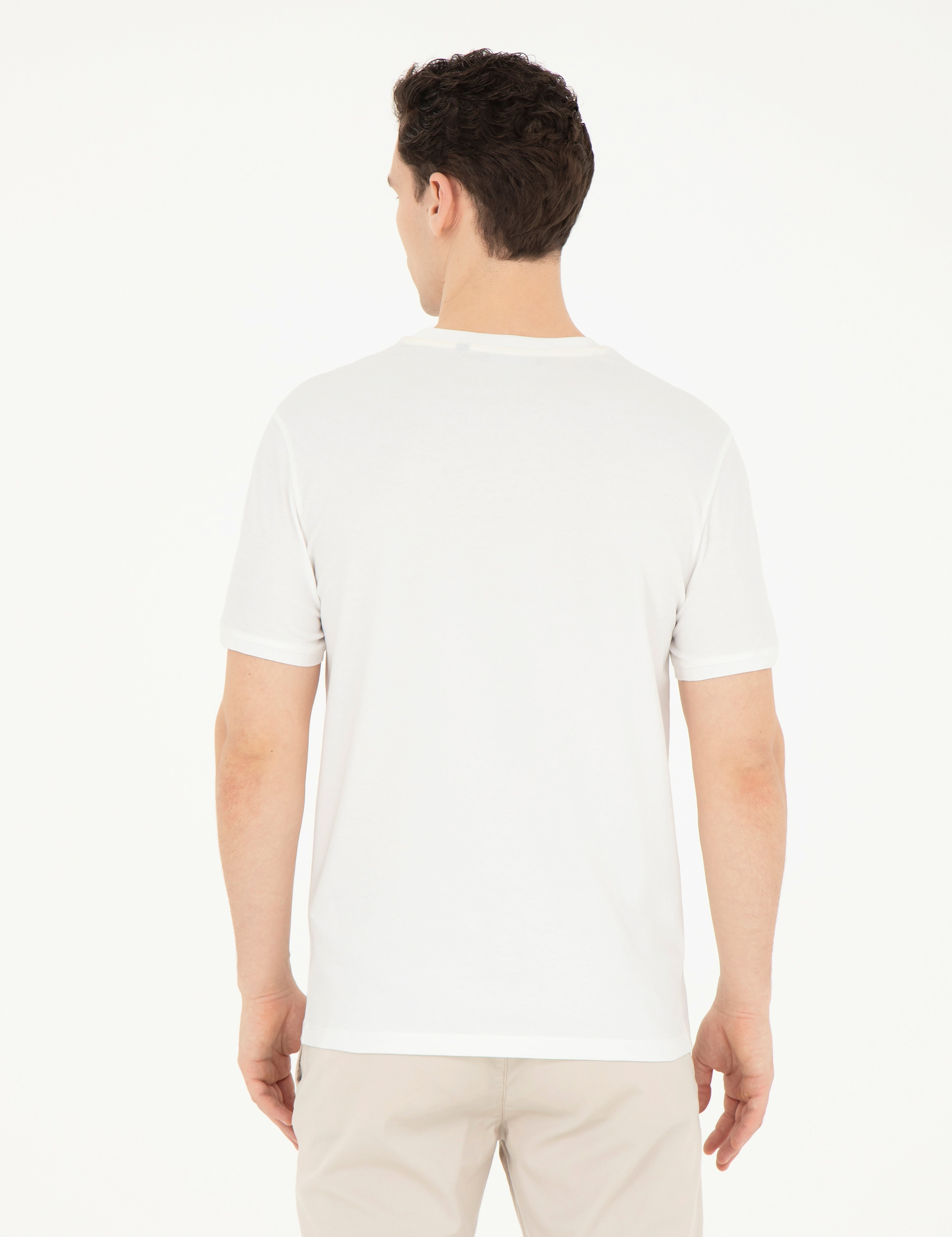 Ekru Slim Fit Bisiklet Yaka Tişört - Image 5