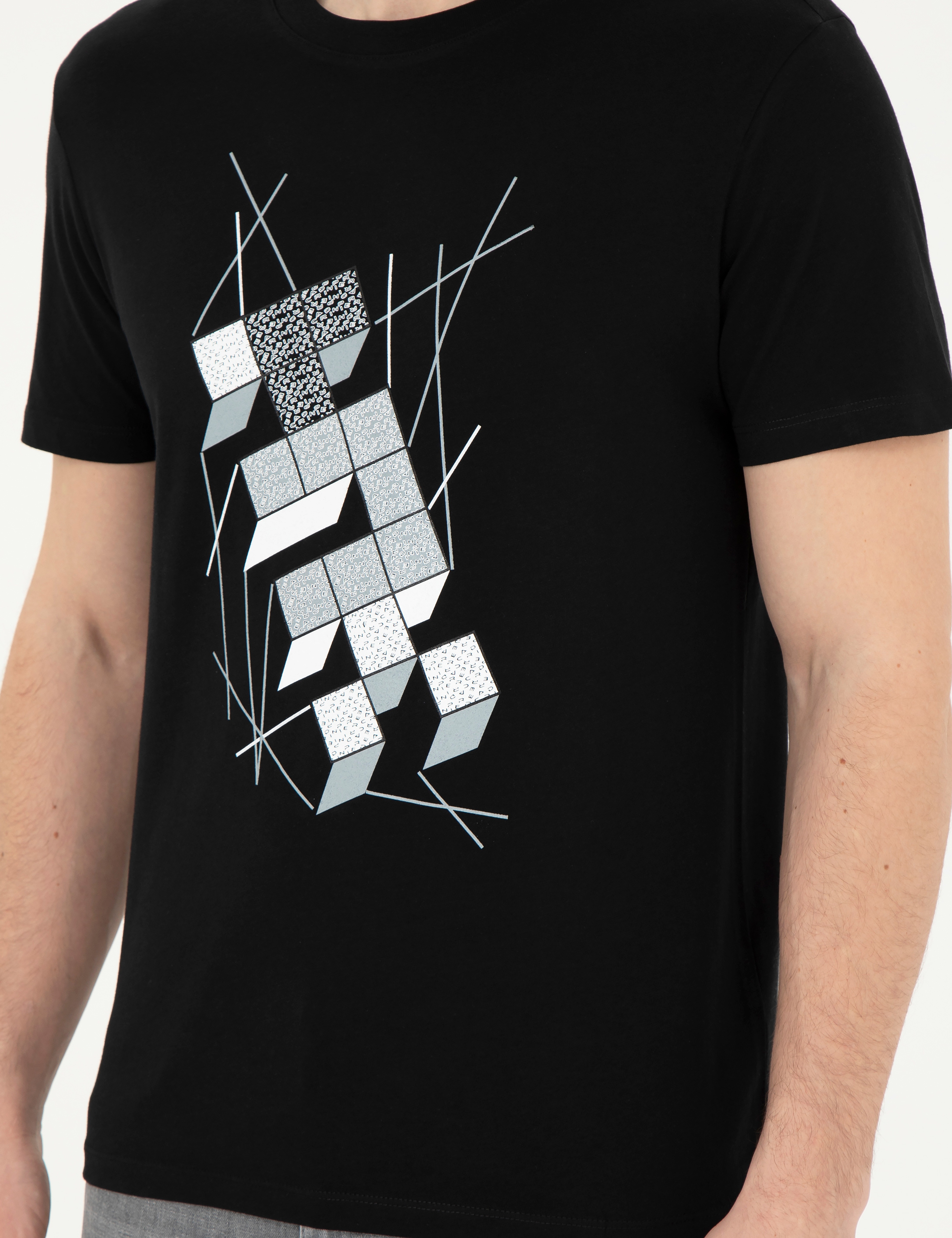 Siyah Slim Fit %100 Pamuk Bisiklet Yaka Tişört