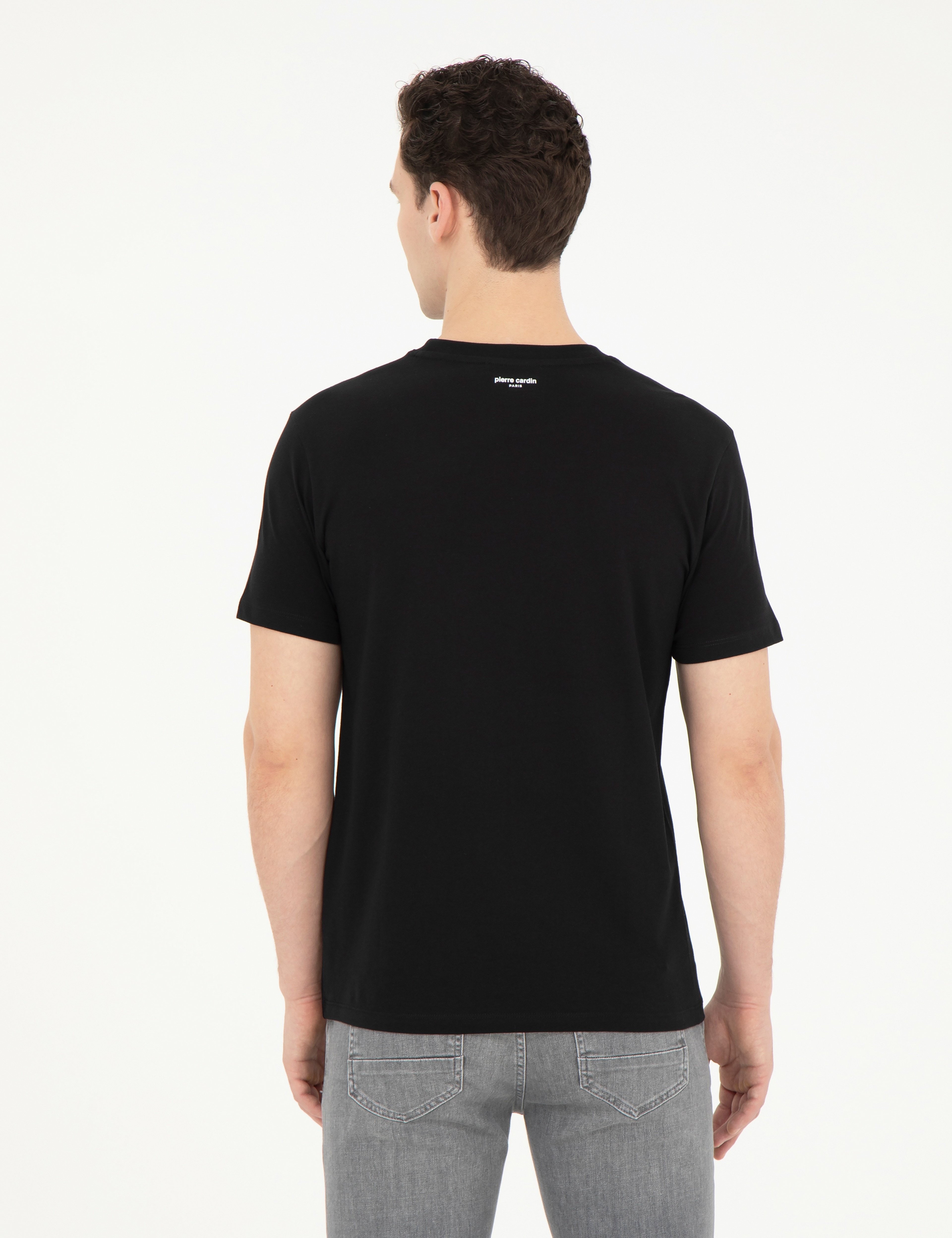 Siyah Slim Fit %100 Pamuk Bisiklet Yaka Tişört - Image 5