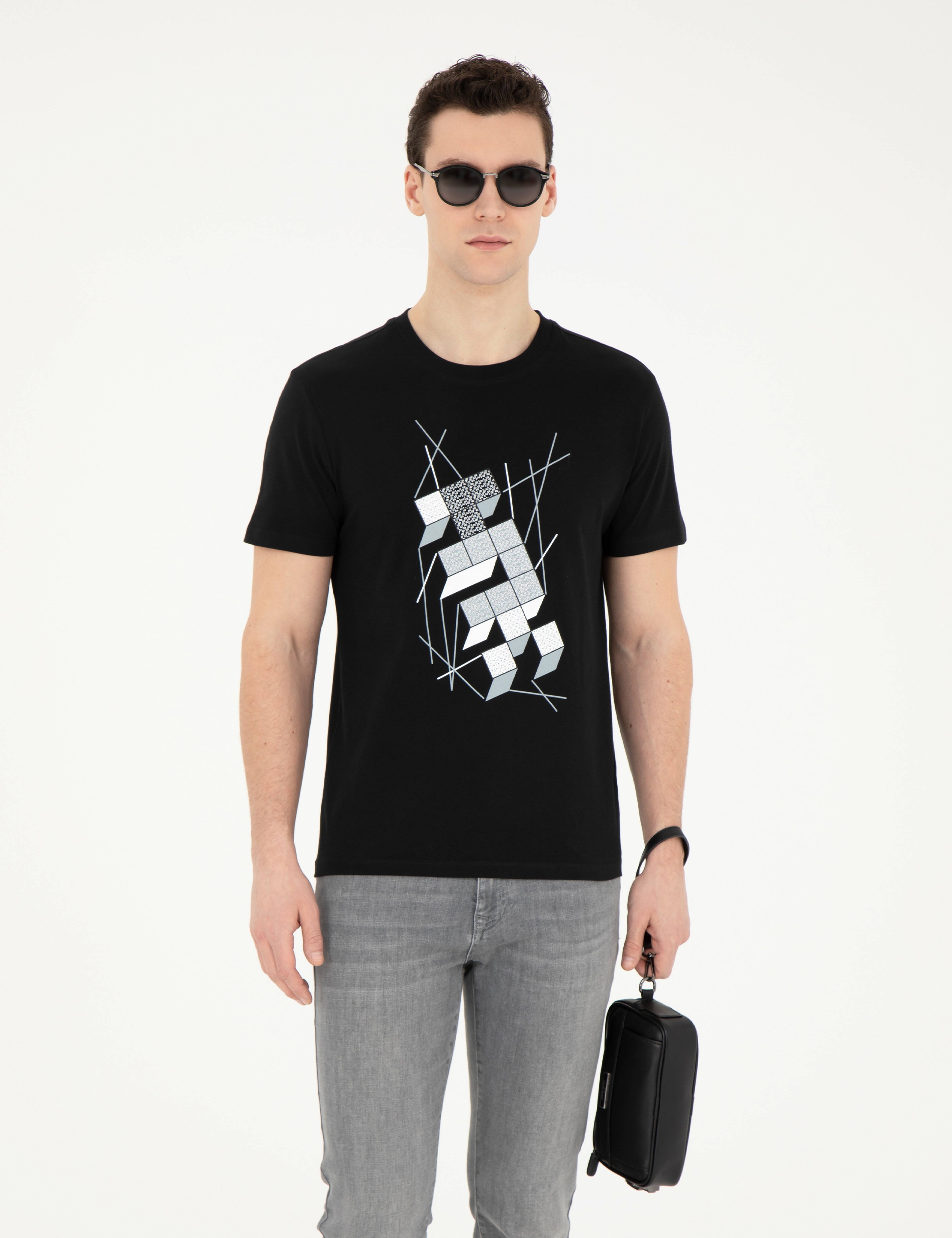 Siyah Slim Fit %100 Pamuk Bisiklet Yaka Tişört - Image 1