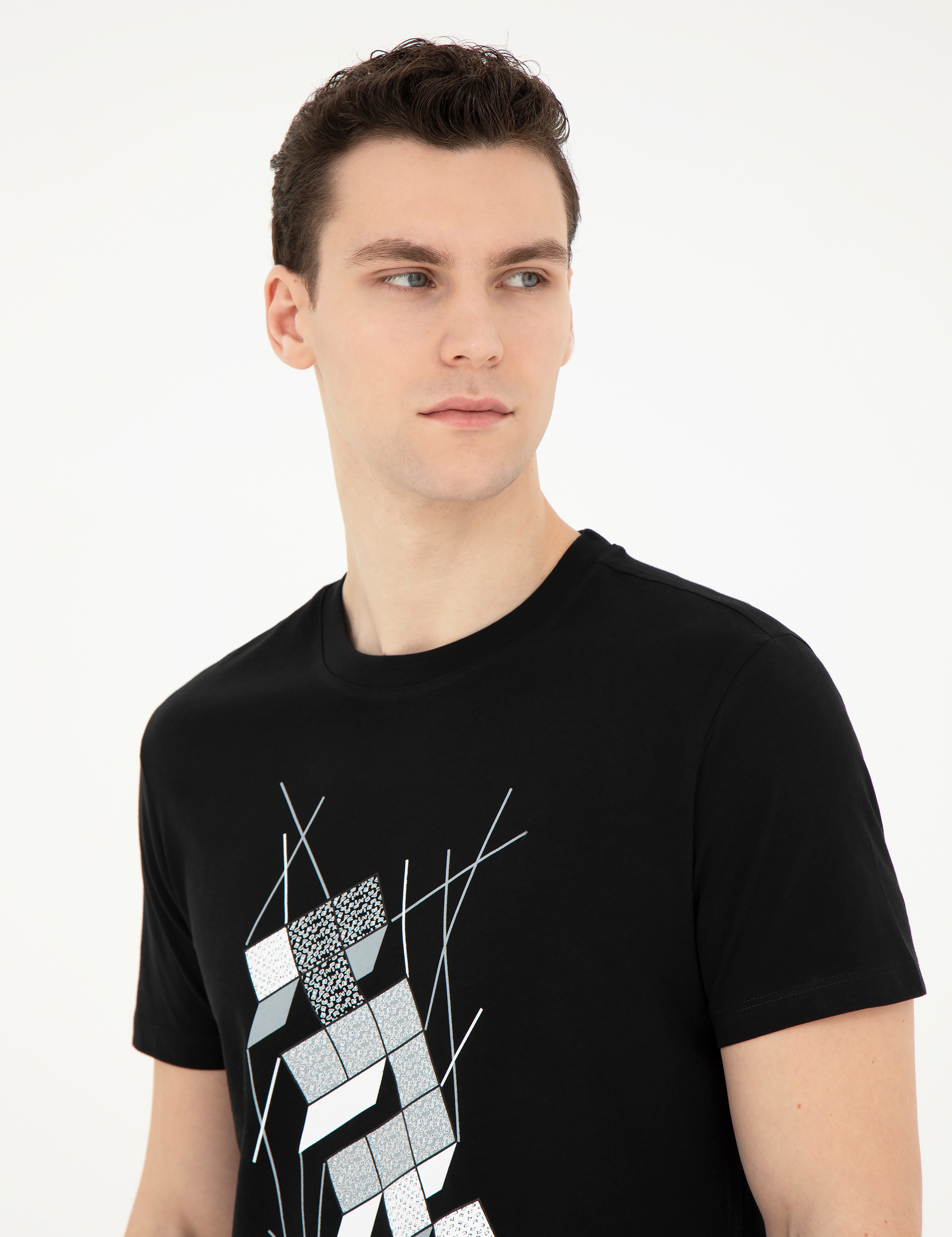 Siyah Slim Fit %100 Pamuk Bisiklet Yaka Tişört - Image 2