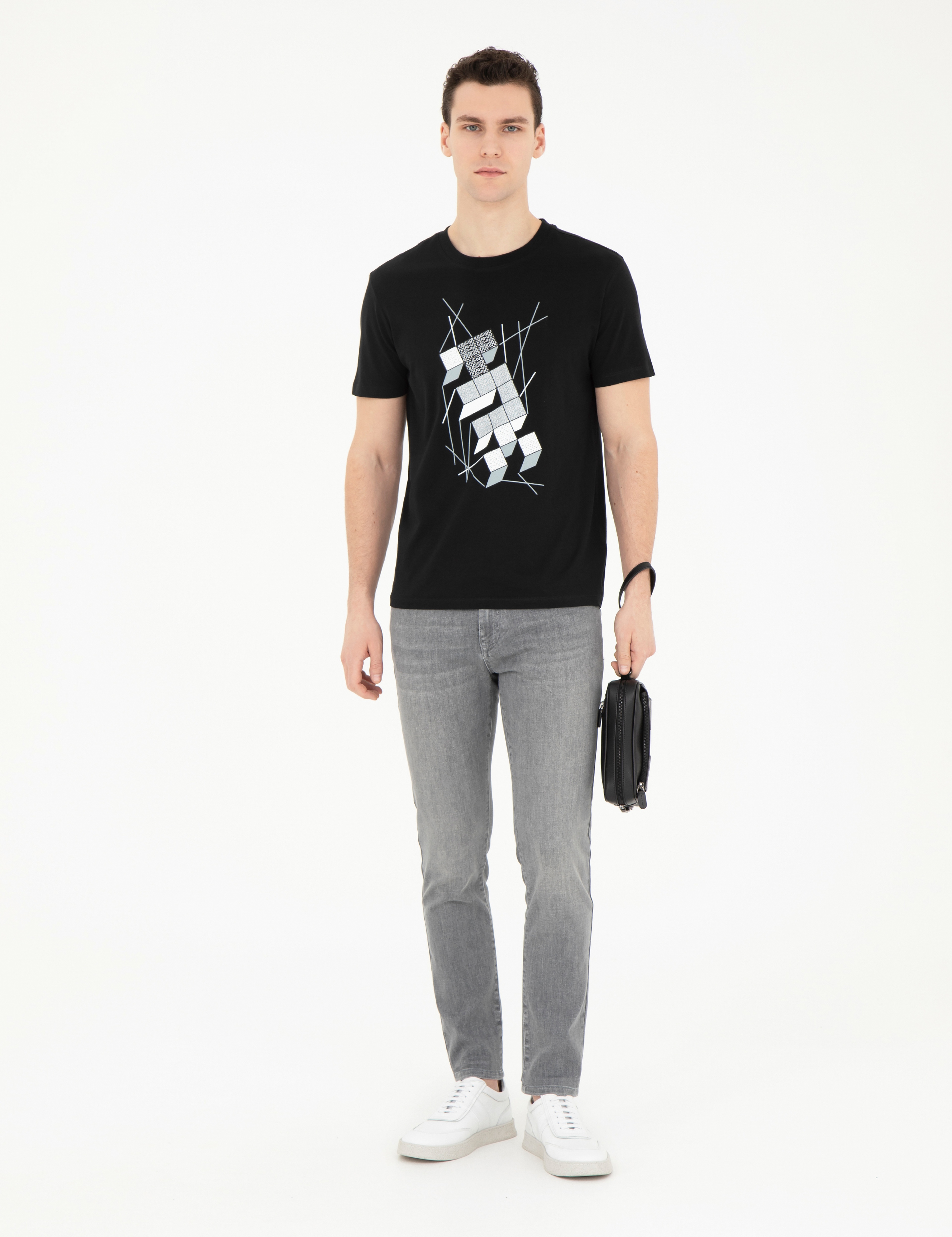 Siyah Slim Fit %100 Pamuk Bisiklet Yaka Tişört - Image 4