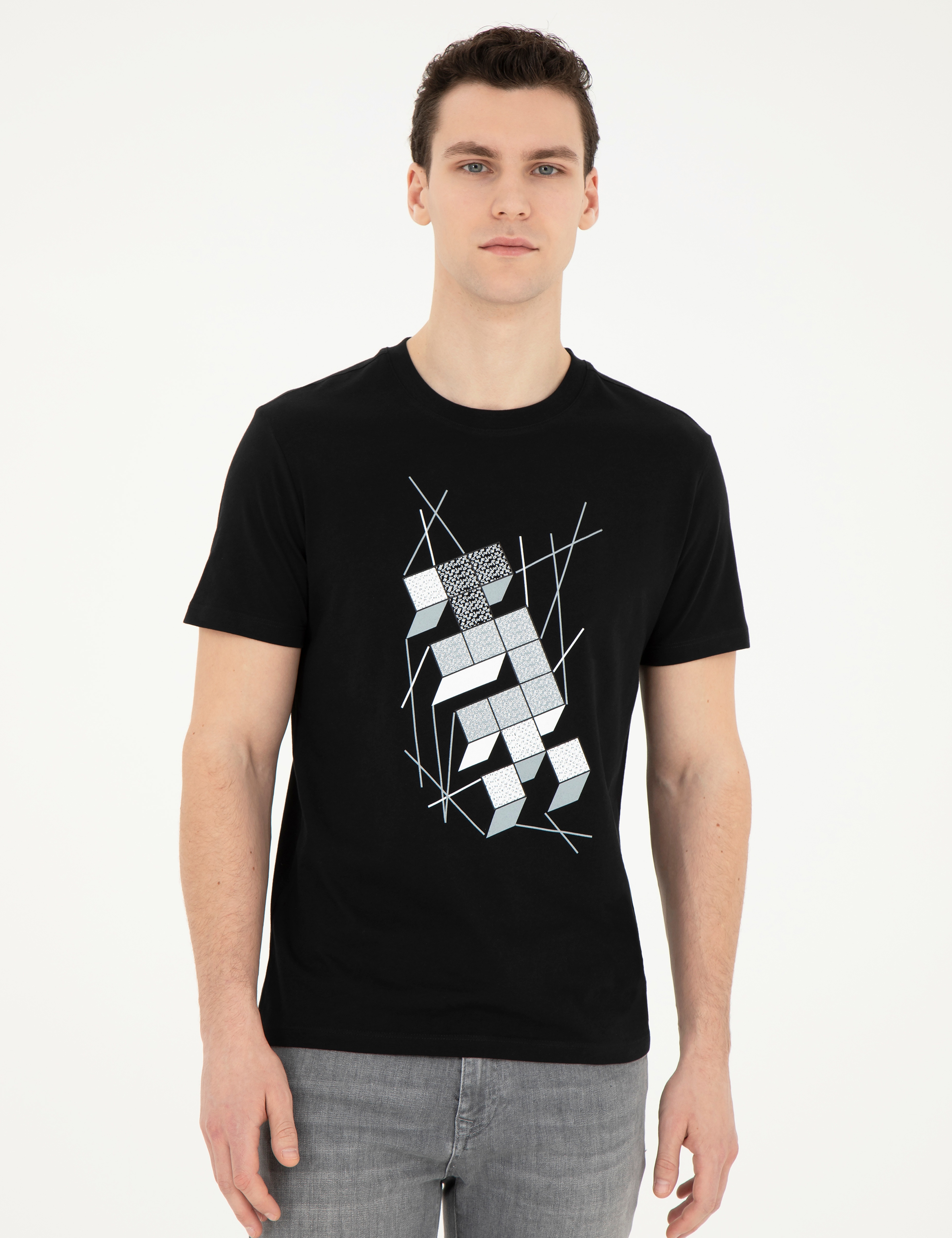 Siyah Slim Fit %100 Pamuk Bisiklet Yaka Tişört - Image 3
