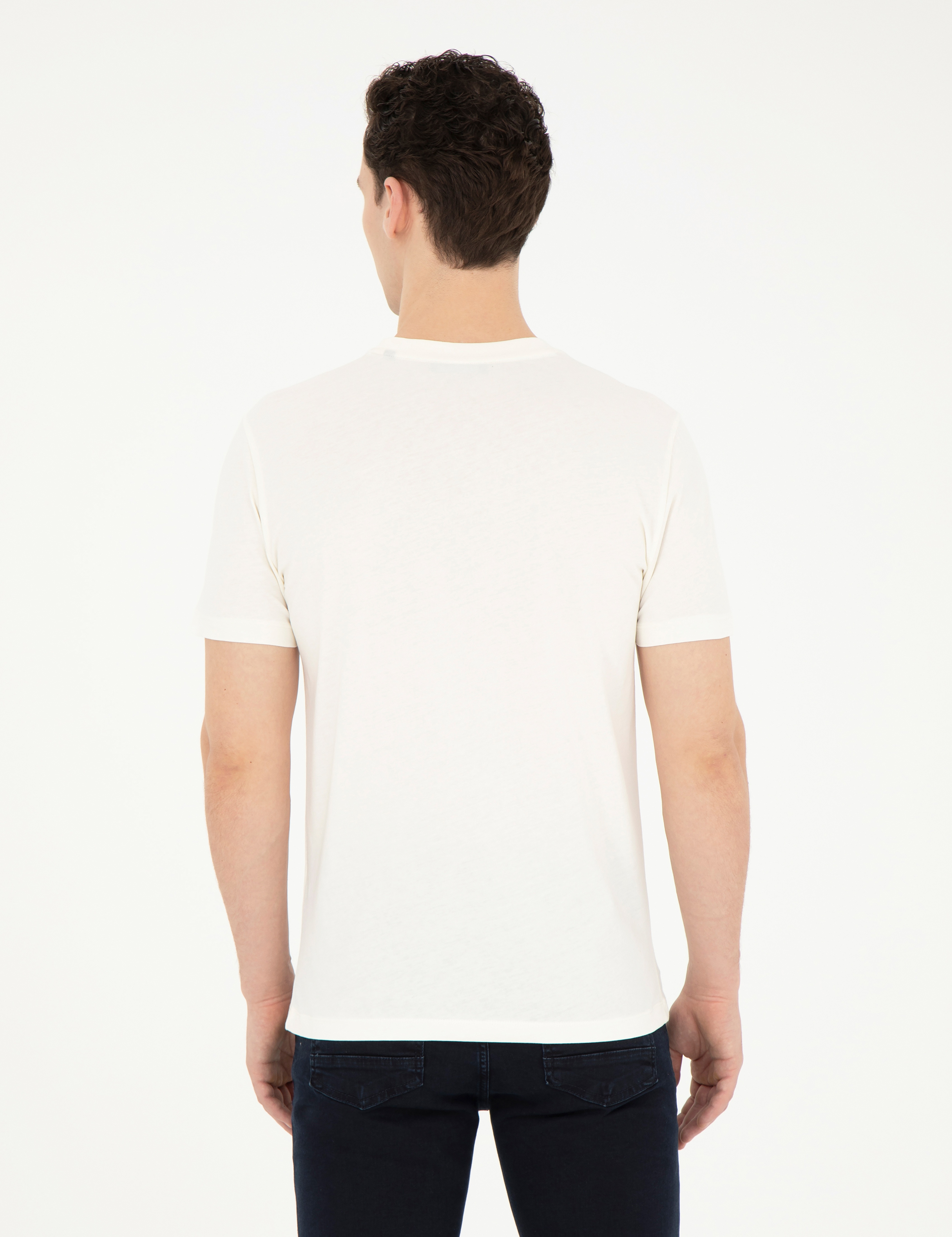 Ekru Slim Fit %100 Pamuk Bisiklet Yaka Tişört - Image 5