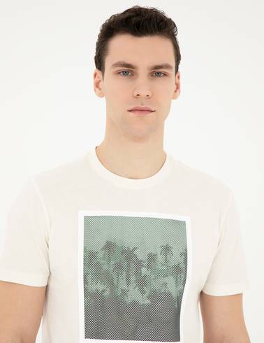 Ekru Slim Fit %100 Pamuk Bisiklet Yaka Tişört