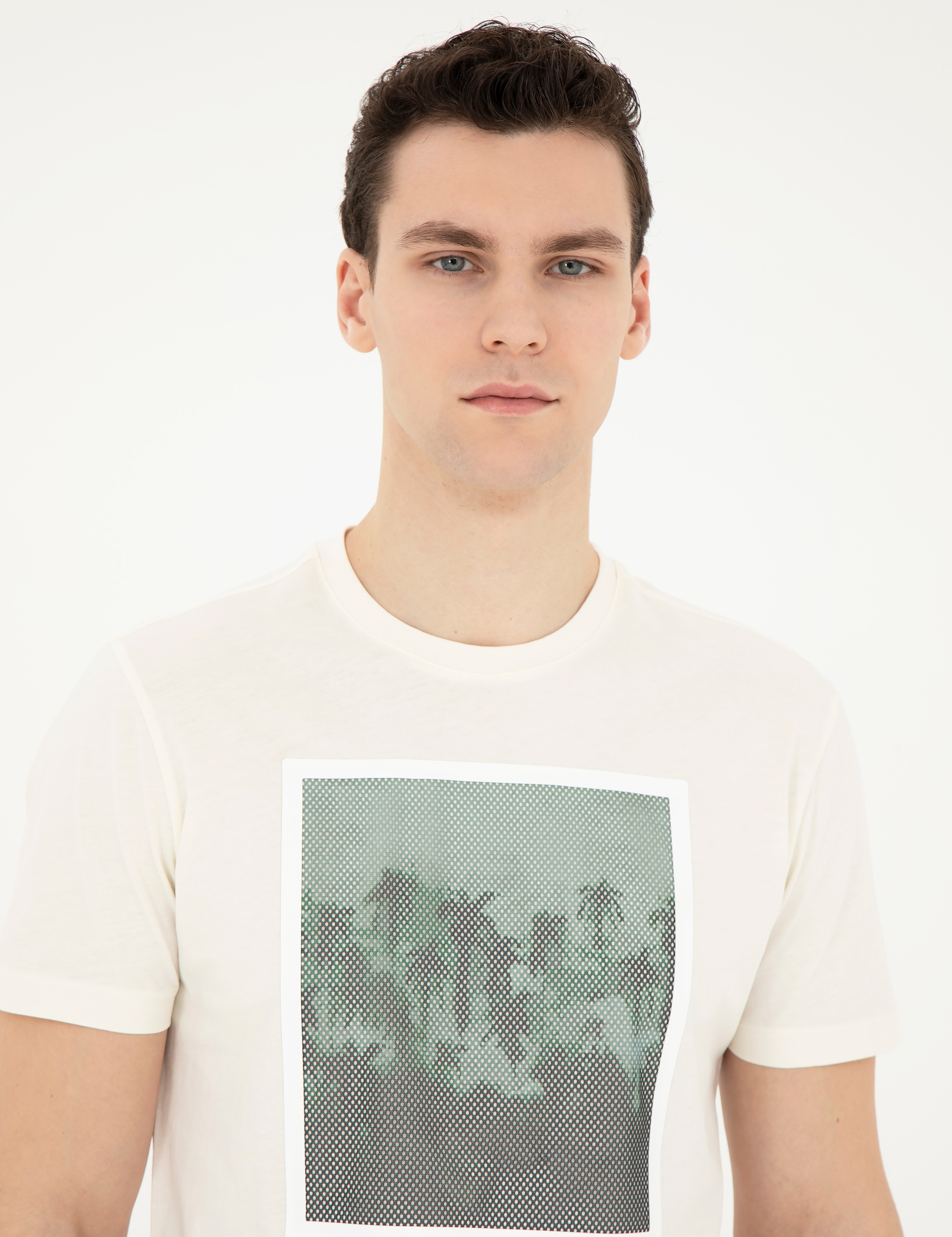 Ekru Slim Fit %100 Pamuk Bisiklet Yaka Tişört - Image 2