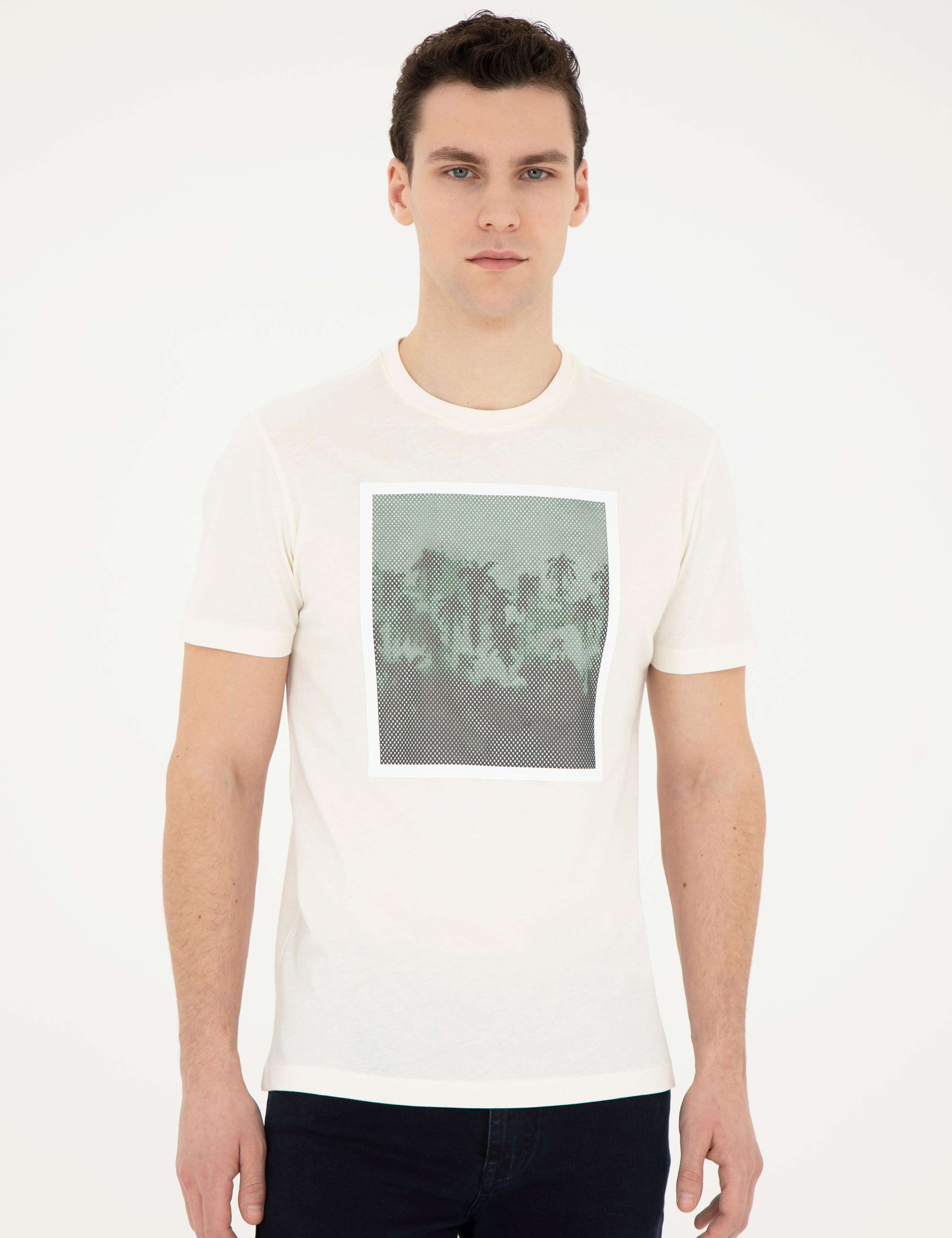 Ekru Slim Fit %100 Pamuk Bisiklet Yaka Tişört