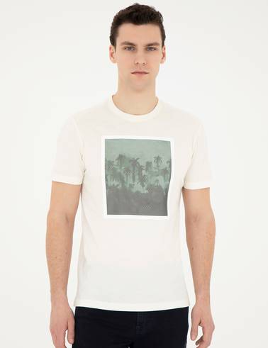 Ekru Slim Fit %100 Pamuk Bisiklet Yaka Tişört
