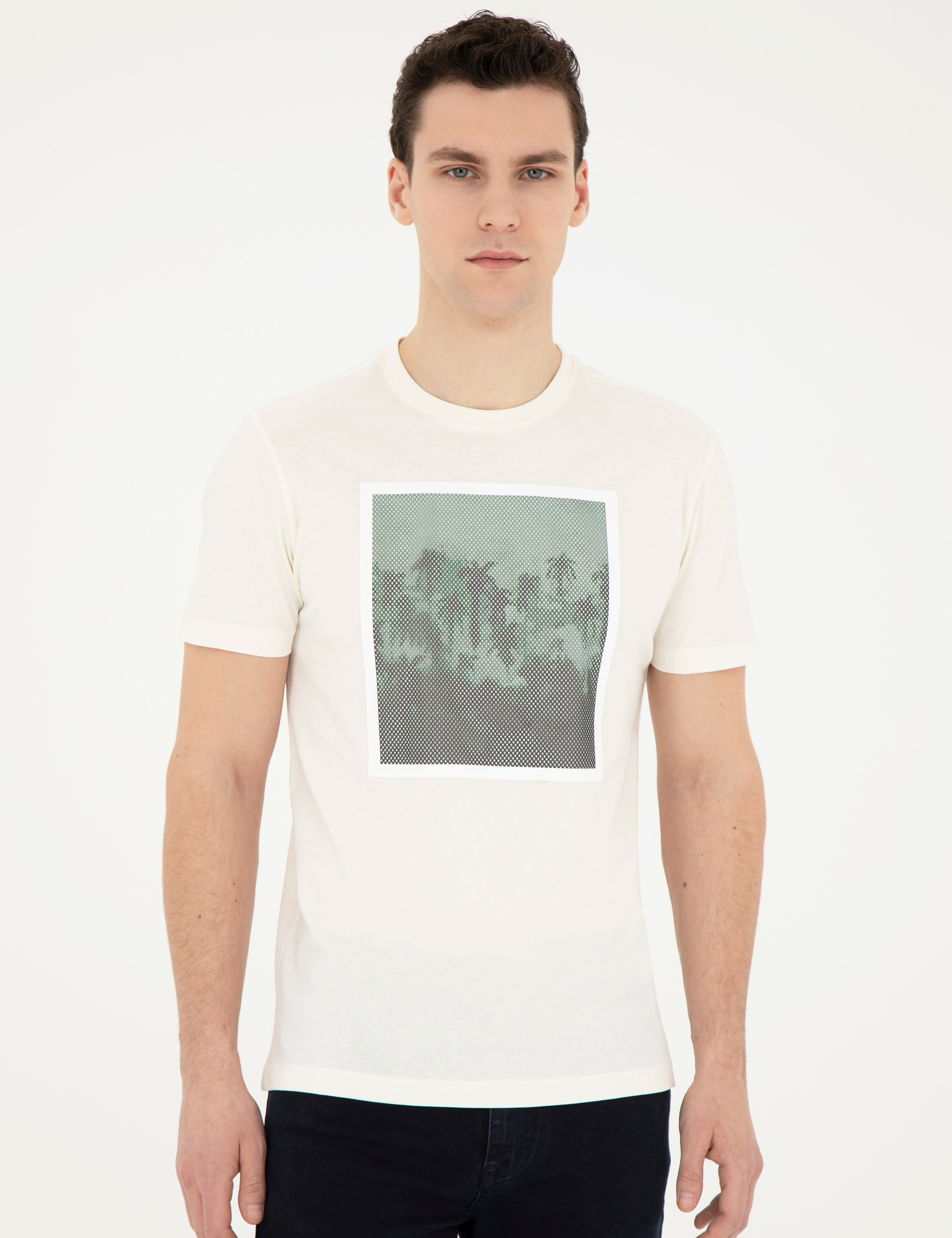 Ekru Slim Fit %100 Pamuk Bisiklet Yaka Tişört - Image 3