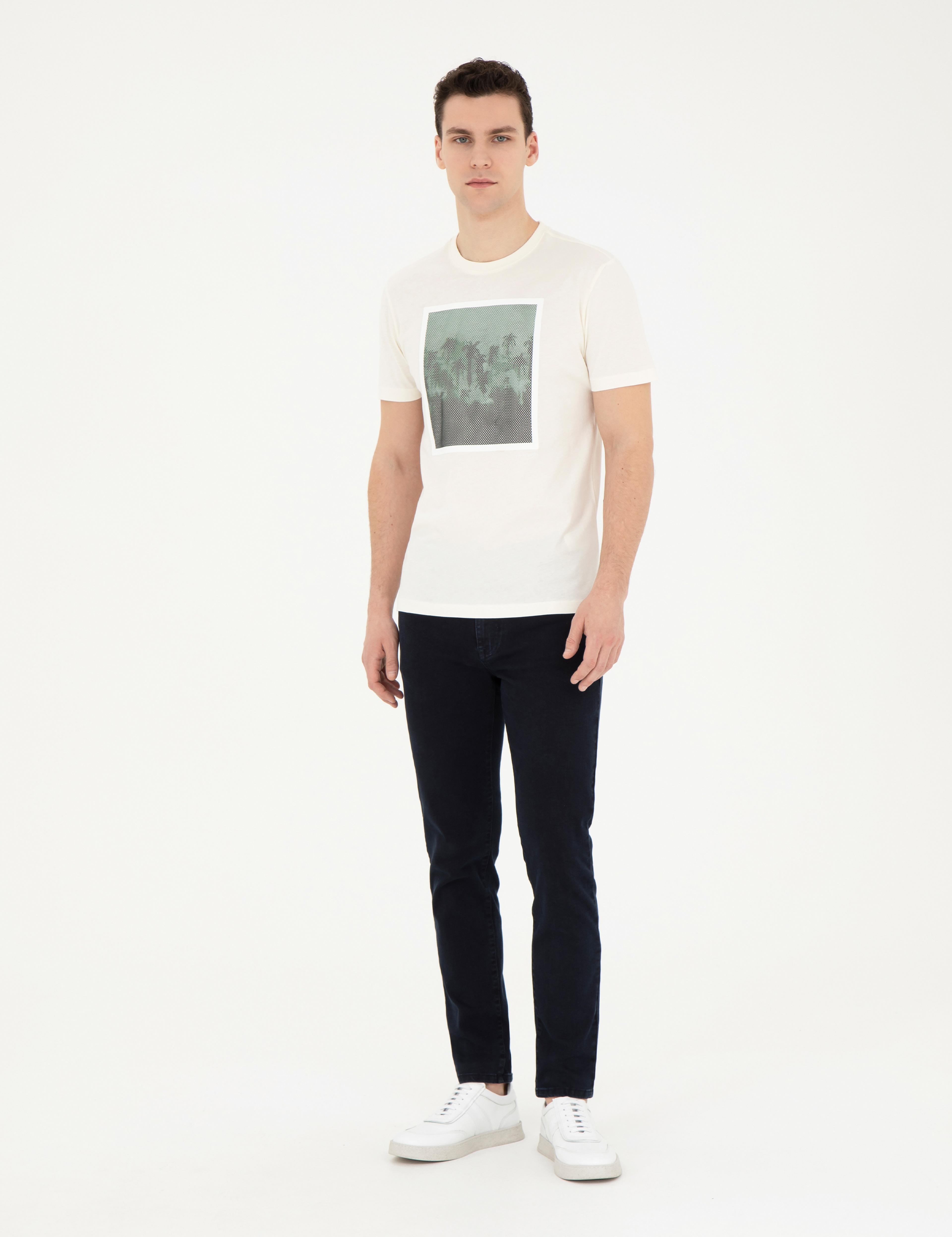 Ekru Slim Fit %100 Pamuk Bisiklet Yaka Tişört - Image 4