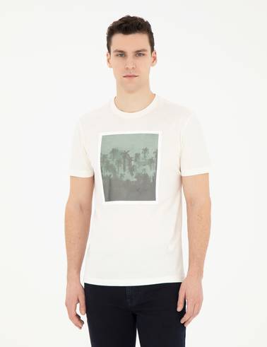 Ekru Slim Fit %100 Pamuk Bisiklet Yaka Tişört