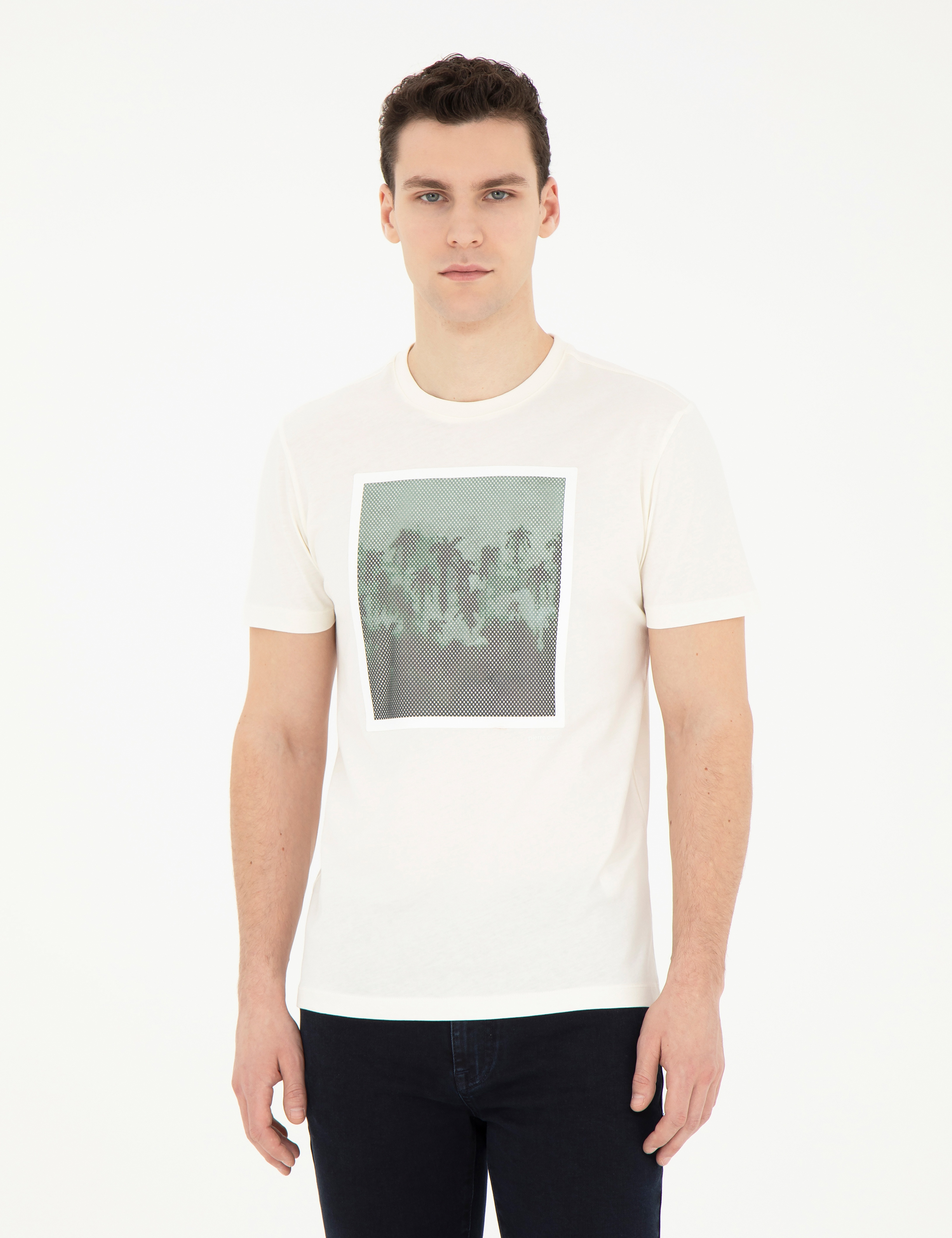 Ekru Slim Fit %100 Pamuk Bisiklet Yaka Tişört - Image 1