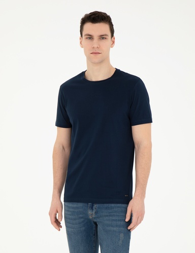 Lacivert Slim Fit %100 Pamuk Bisiklet Yaka Tişört