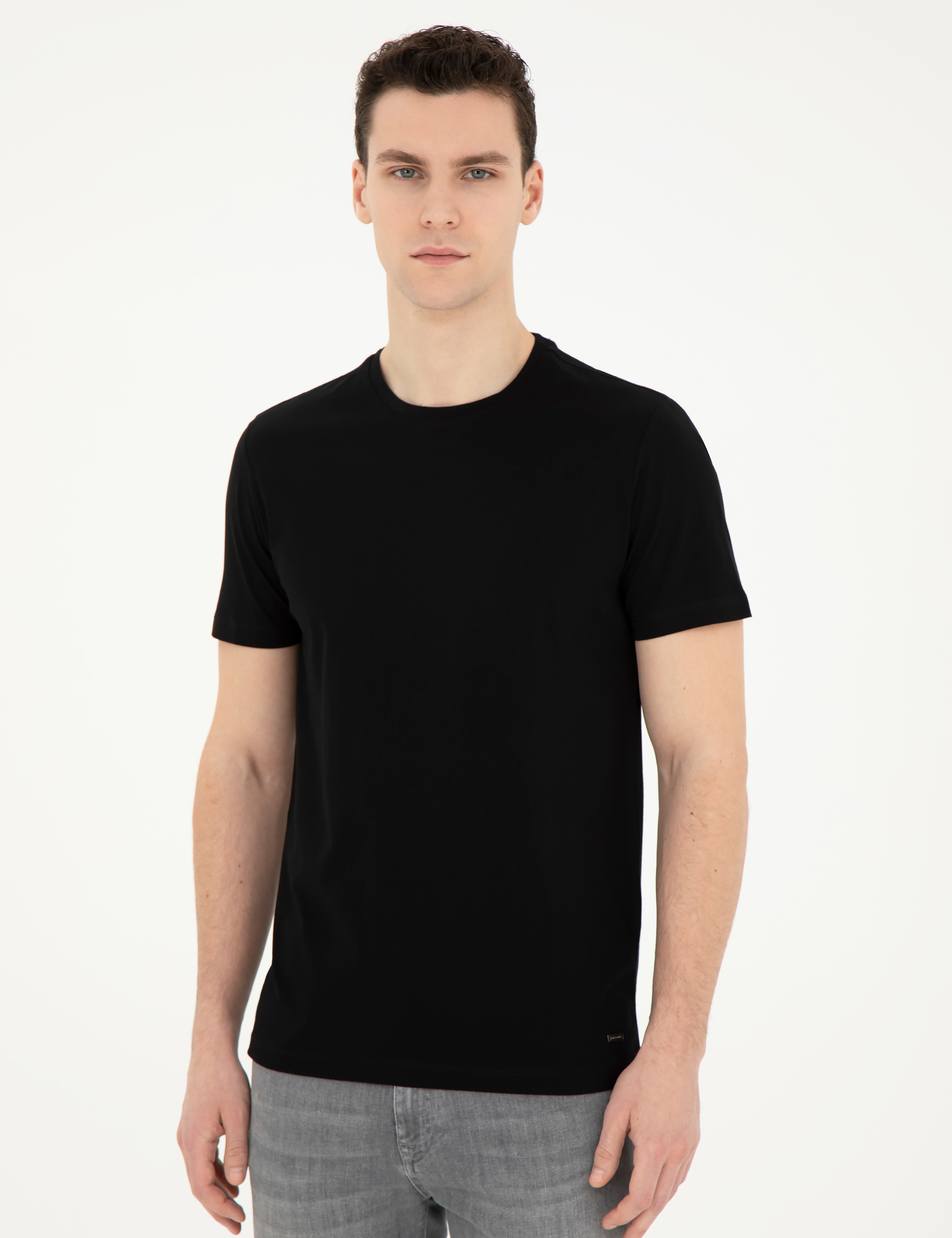 Siyah Slim Fit %100 Pamuk Bisiklet Yaka Tişört - Image 3