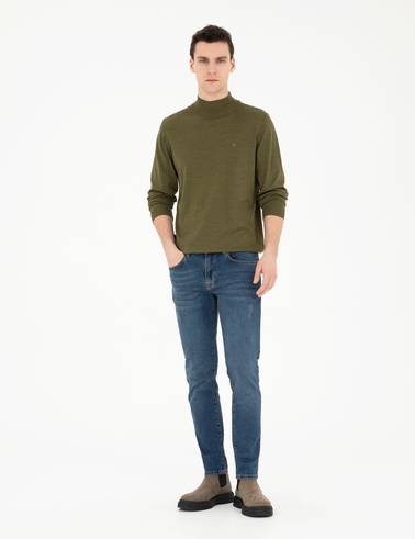 Açık Yeşil Slim Fit Yarım Balıkçı Yaka Yün Karışımlı Basic Triko Kazak
