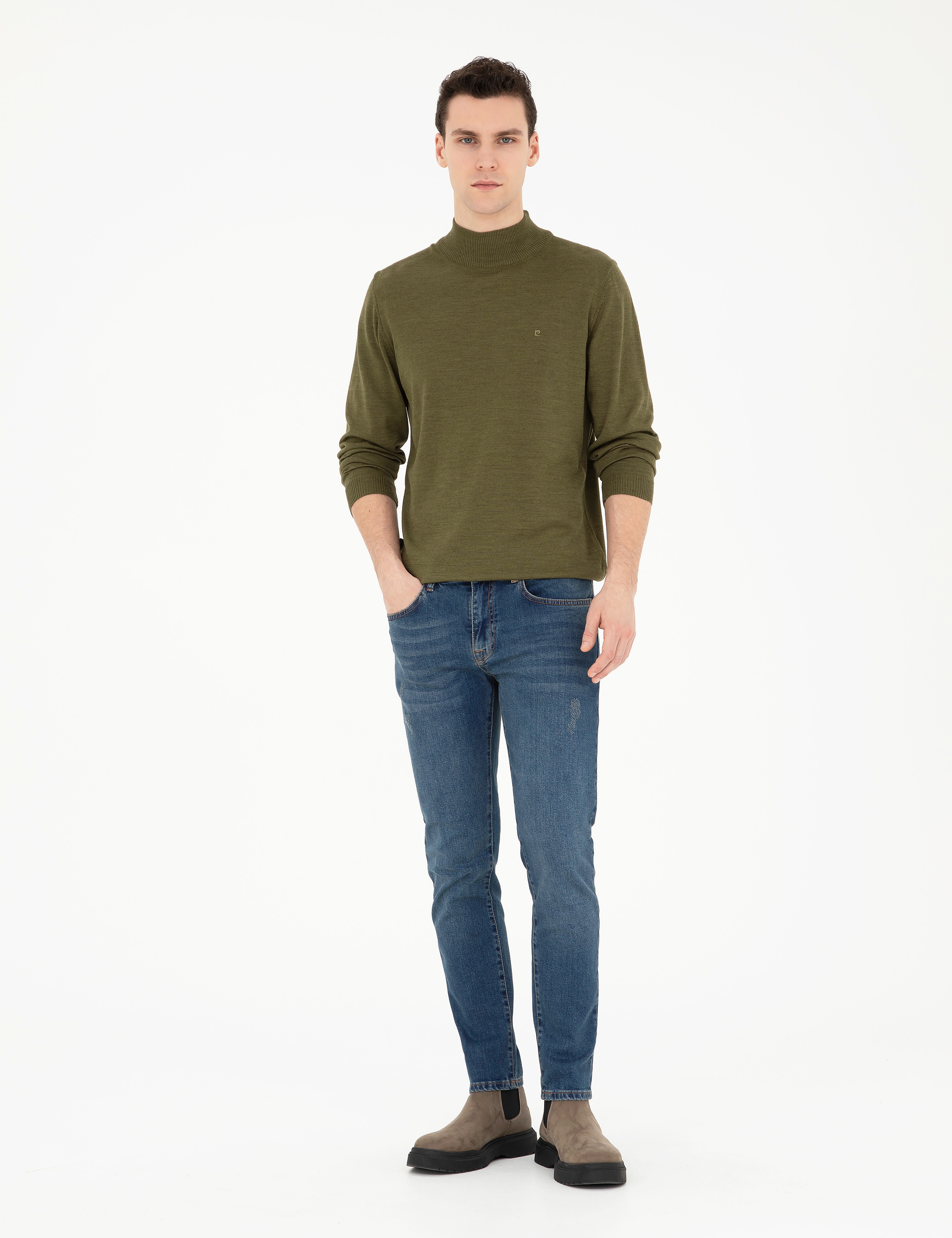 Açık Yeşil Slim Fit Yarım Balıkçı Yaka Yün Karışımlı Basic Triko Kazak - Image 4