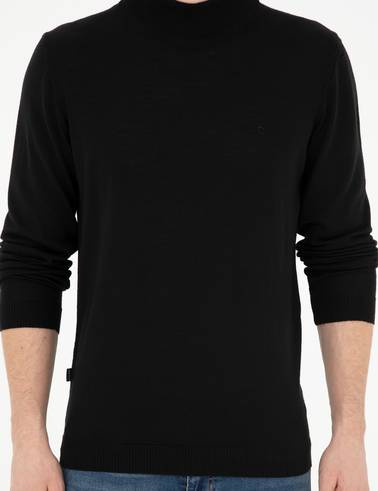 Siyah Slim Fit Yarım Balıkçı Yaka Yün Karışımlı Basic Triko Kazak