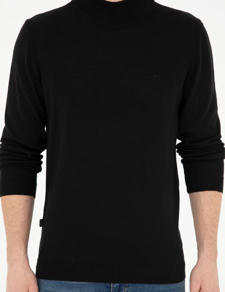 Siyah Slim Fit Yarım Balıkçı Yaka Yün Karışımlı Basic Triko Kazak - 50270055061