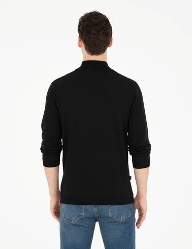 Siyah Slim Fit Yarım Balıkçı Yaka Yün Karışımlı Basic Triko Kazak