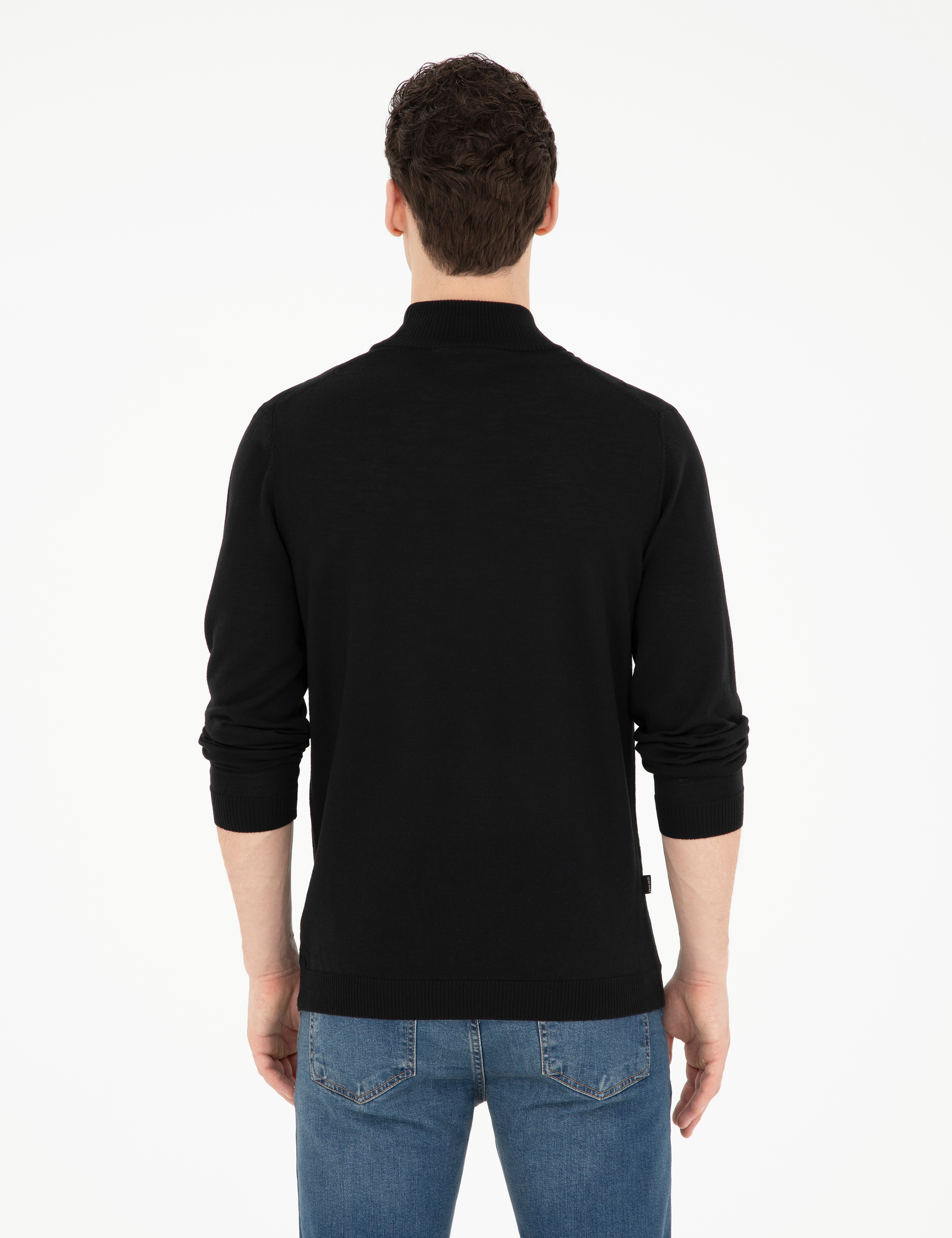 Siyah Slim Fit Yarım Balıkçı Yaka Yün Karışımlı Basic Triko Kazak - Image 5