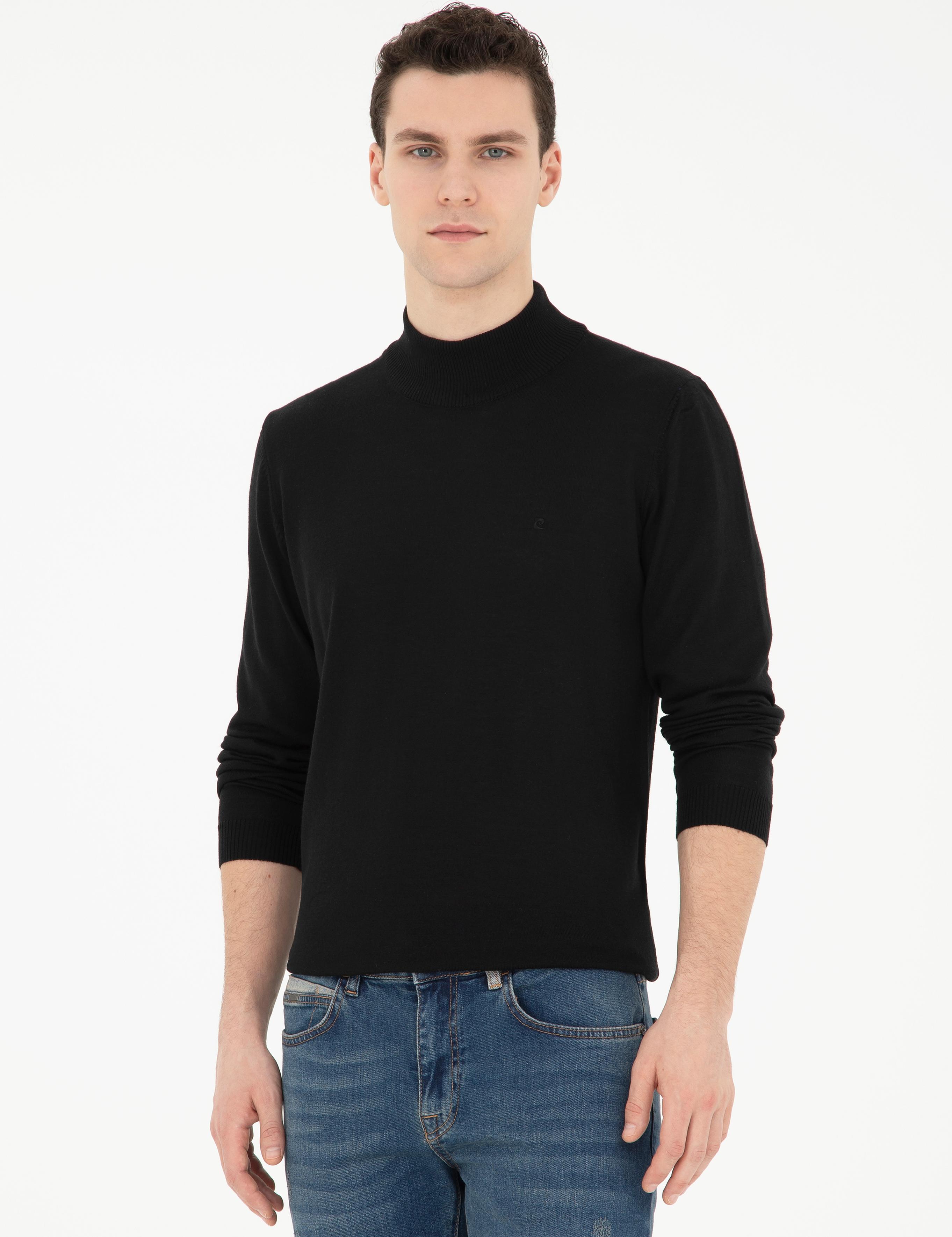 Siyah Slim Fit Yarım Balıkçı Yaka Yün Karışımlı Basic Triko Kazak