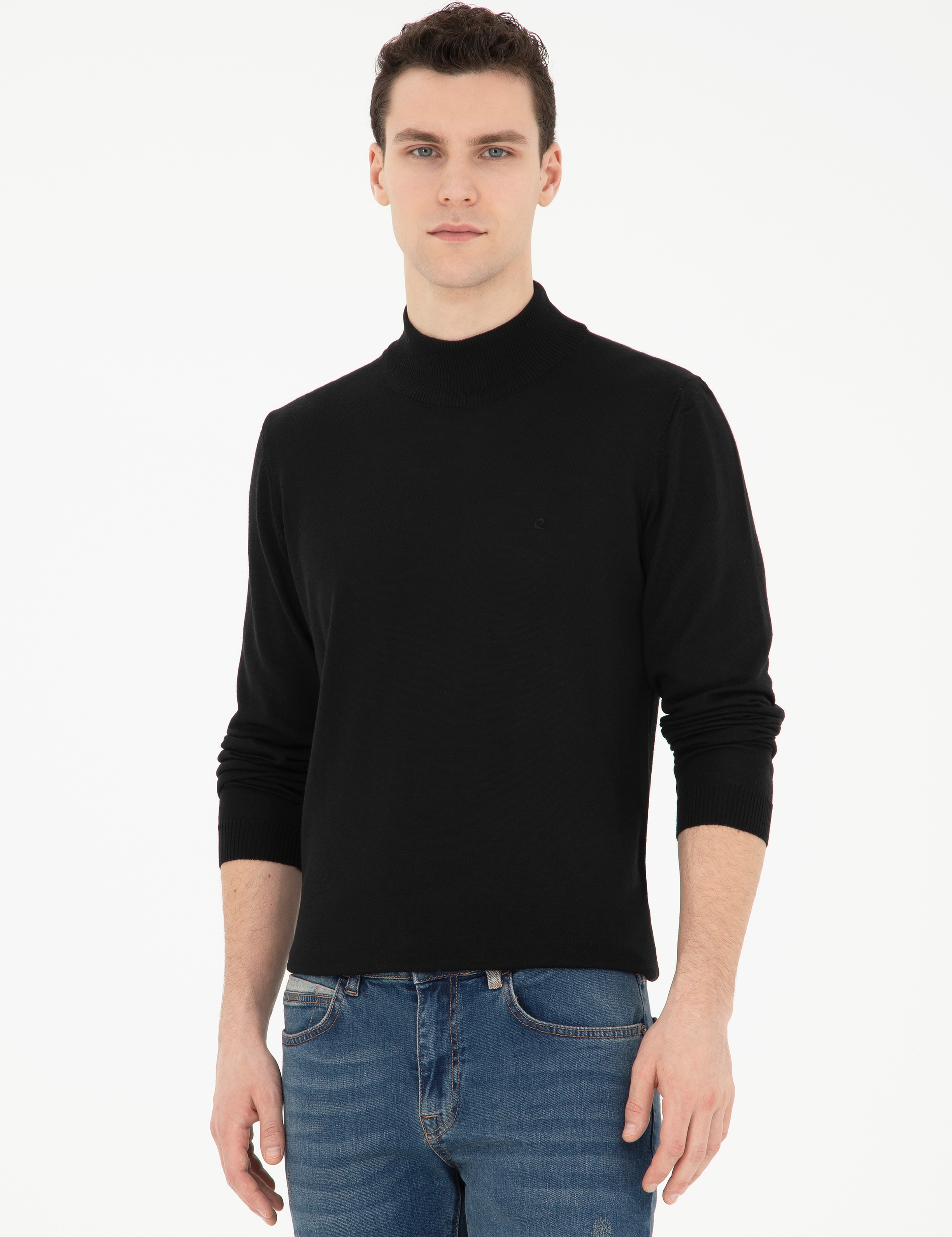 Siyah Slim Fit Yarım Balıkçı Yaka Yün Karışımlı Basic Triko Kazak