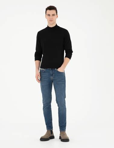 Siyah Slim Fit Yarım Balıkçı Yaka Yün Karışımlı Basic Triko Kazak